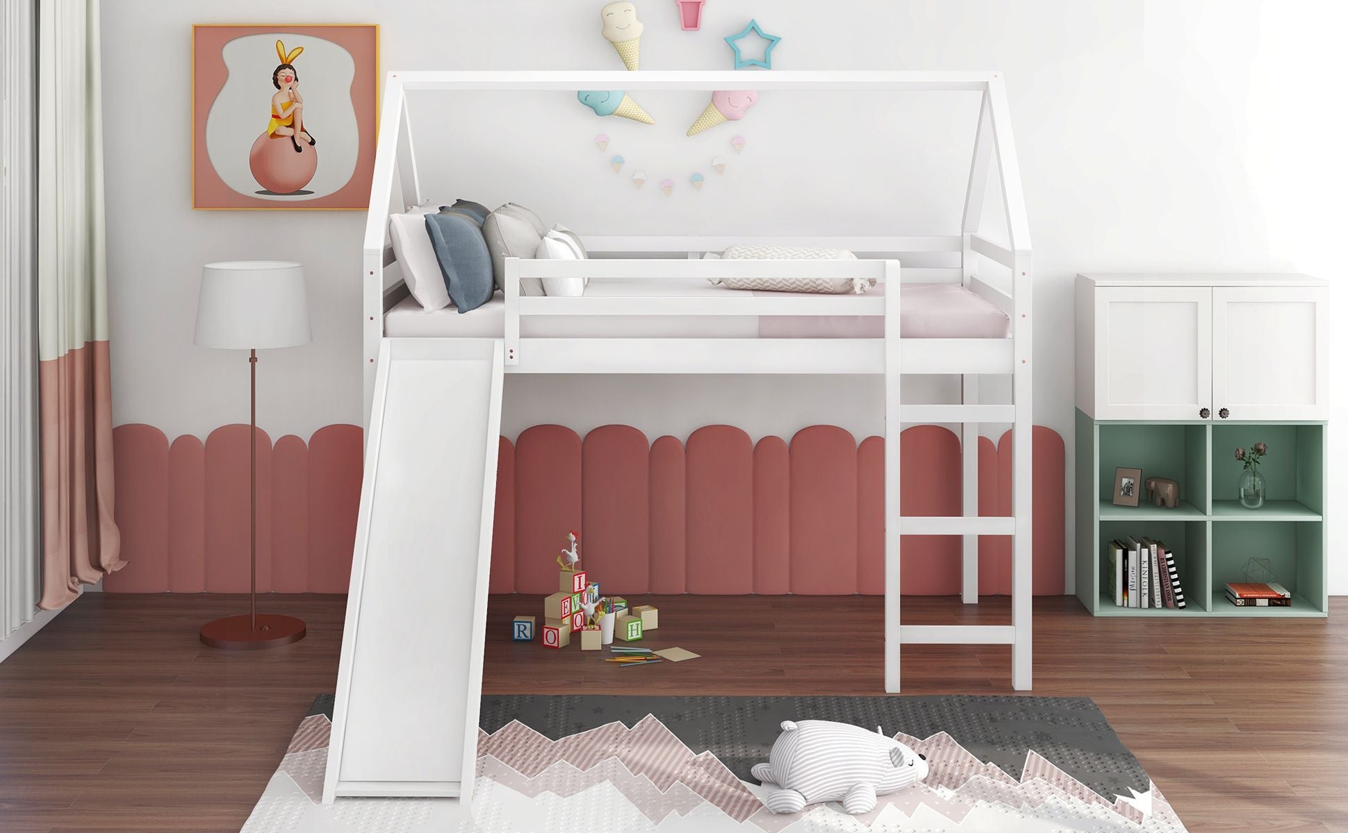 Twin Size Loft Bed with Slide;  House Bed with Slide