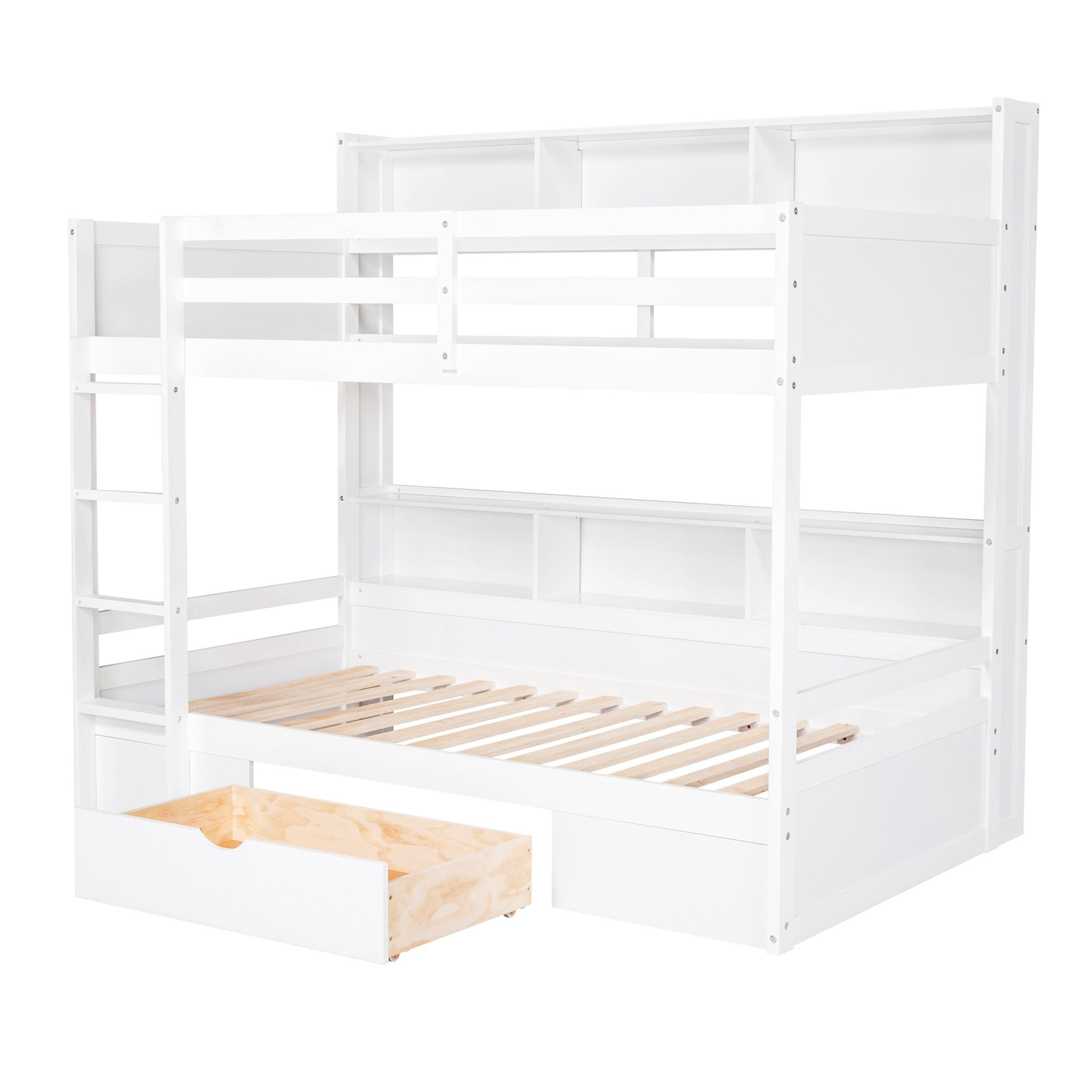 Twin Size Bunk Bed with Built-in Shelves Beside both Upper and Down Bed and Storage Drawe