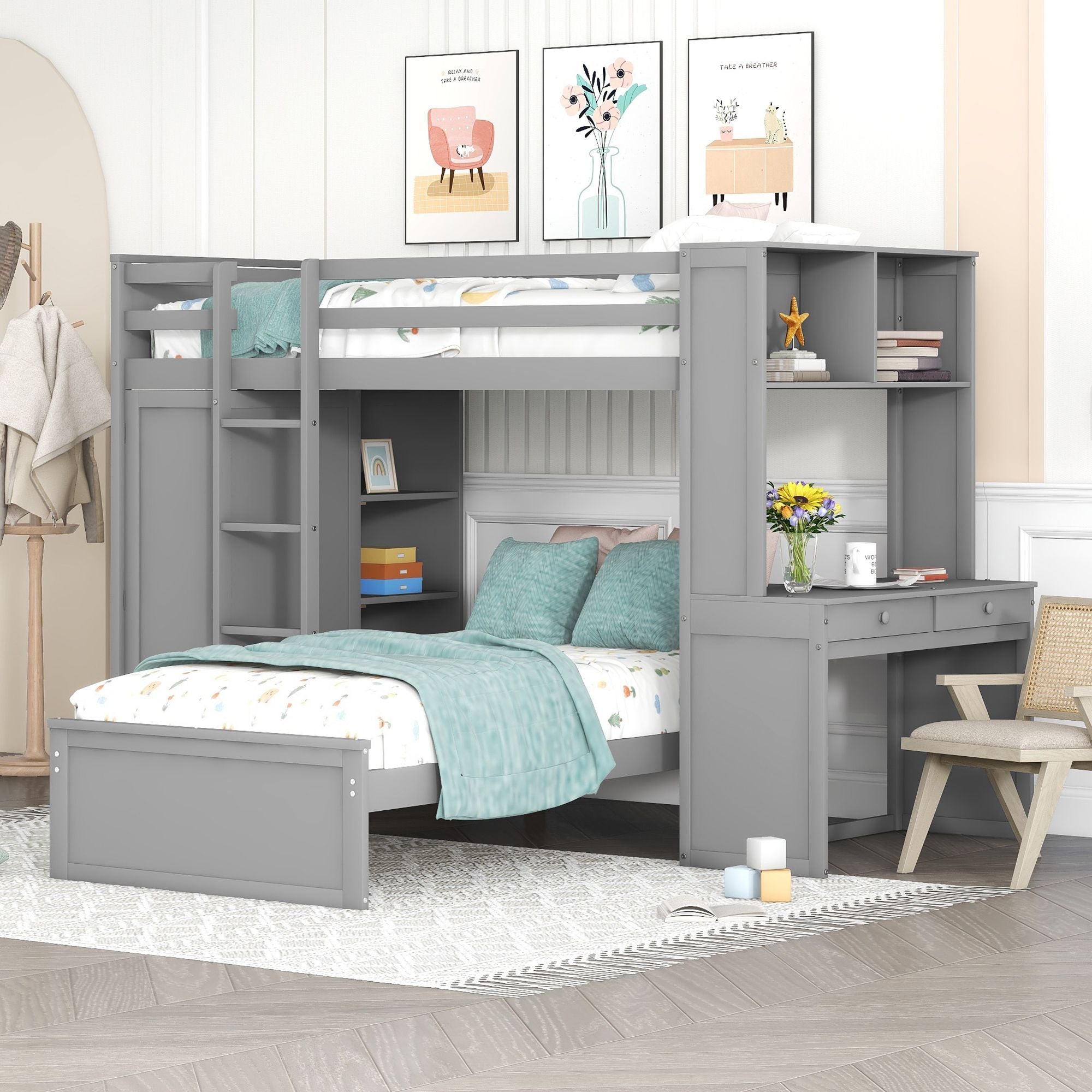 Twin size Loft Bed with a Stand-alone bed;  Shelves; Desk; and Wardrobe