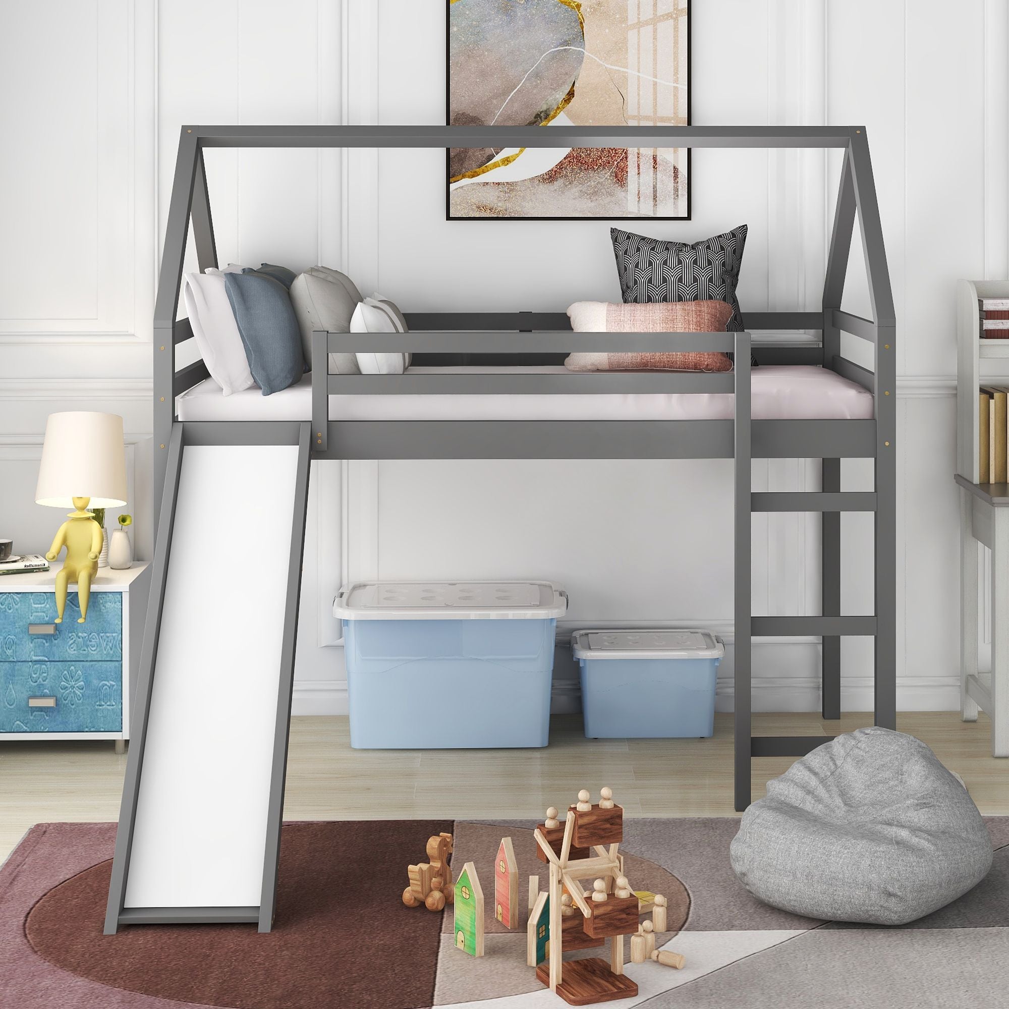 Twin Size Loft Bed with Slide;  House Bed with Slide