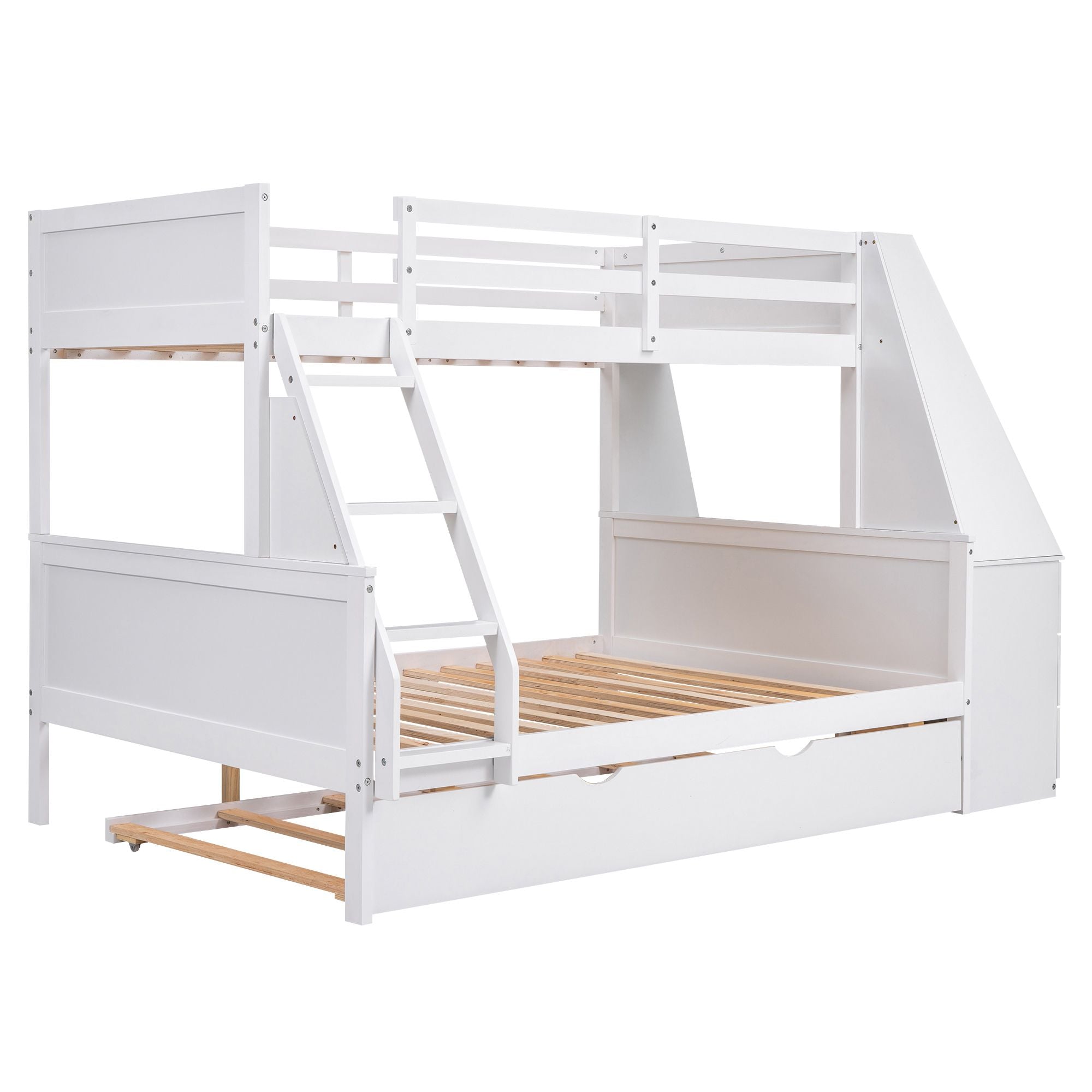 Twin over Full Bunk Bed with Trundle and Built-in Desk;  Three Storage Drawers and Shelf