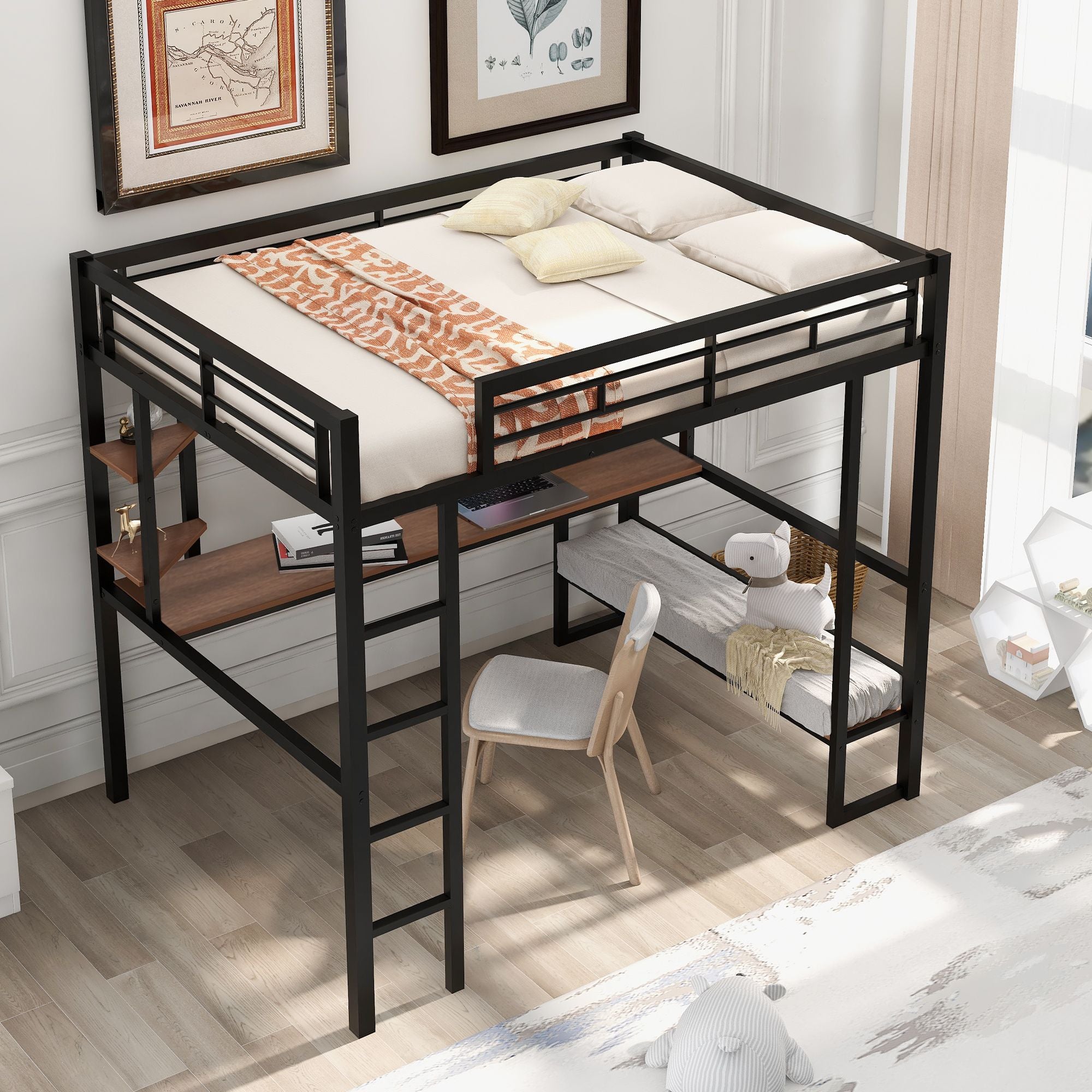 Full Size Loft Metal&MDF Bed with Long Desk and Shelves; Black