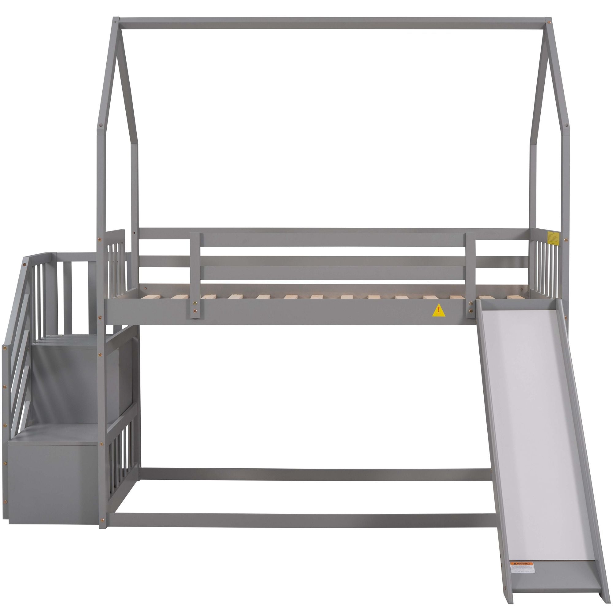 Twin over Twin House Bunk Bed with Convertible Slide; Storage Staircase