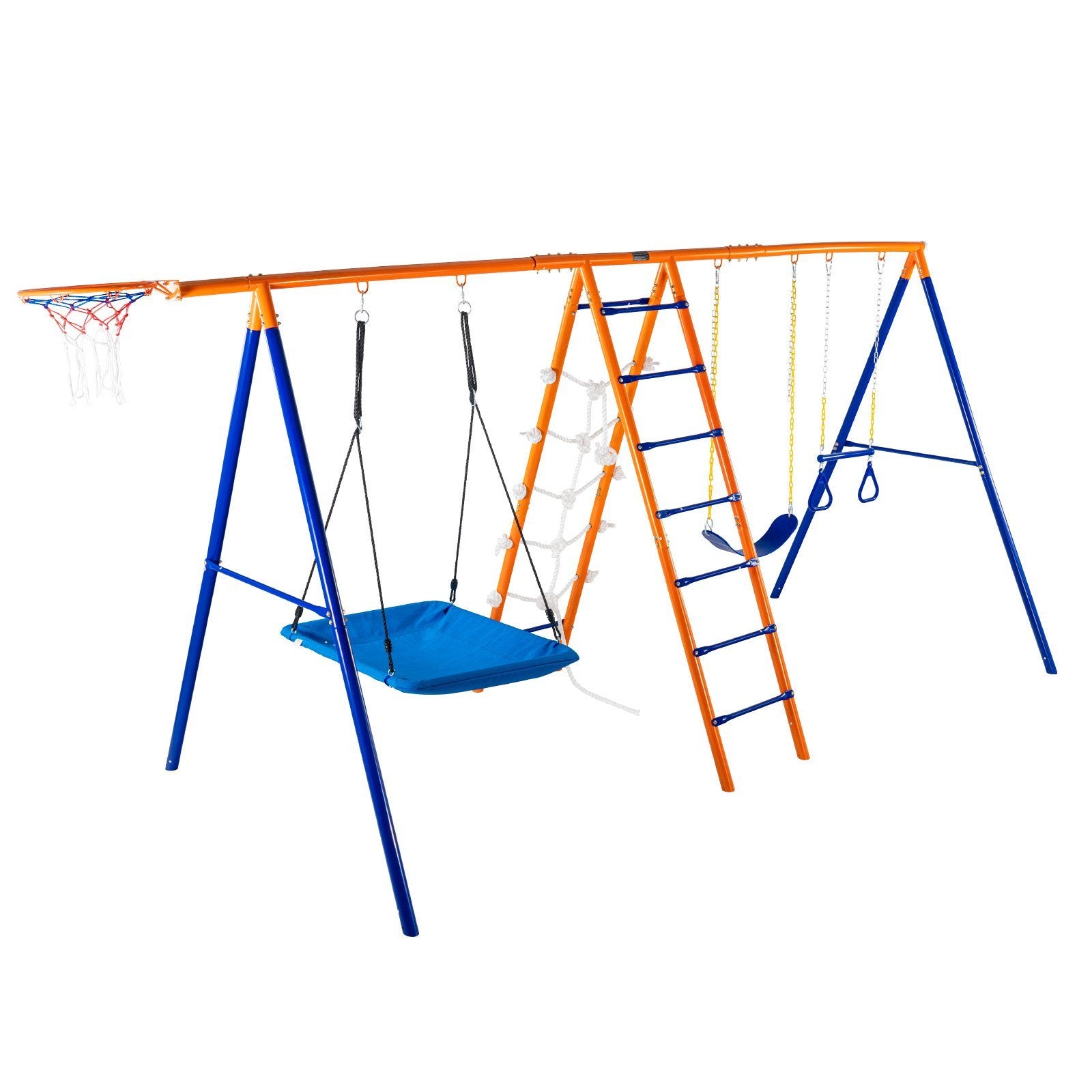 Versatile 6-in-1 A-Frame Swing Set for Kids - Includes Swings, Trapeze, Ladder, Climbing Net & Basketball Hoop