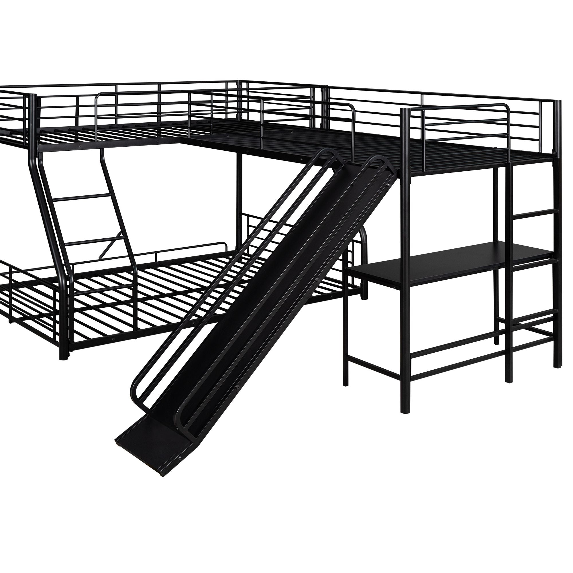 L-Shaped Twin over Full Bunk Bed with Twin Size Loft Bed; Built-in Desk and Slide