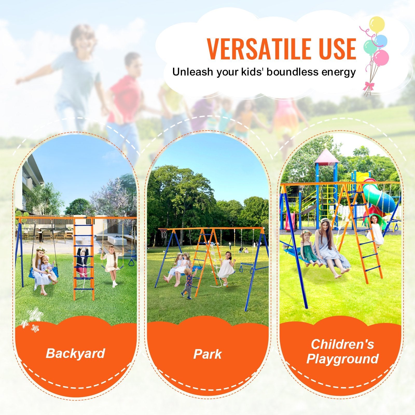 Versatile 6-in-1 A-Frame Swing Set for Kids - Includes Swings, Trapeze, Ladder, Climbing Net & Basketball Hoop