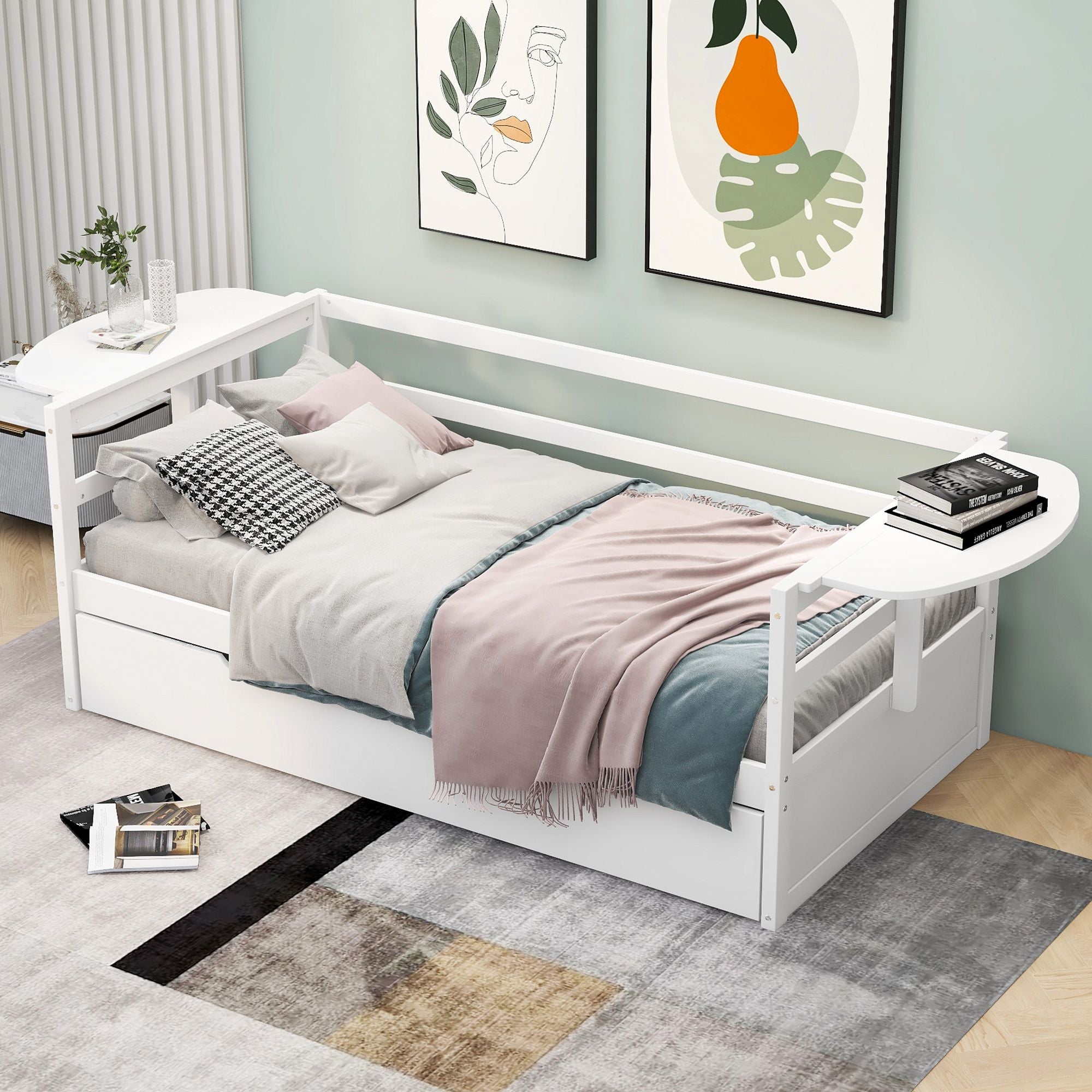 Twin Size Daybed with Trundle and Foldable Shelves on Both Sides