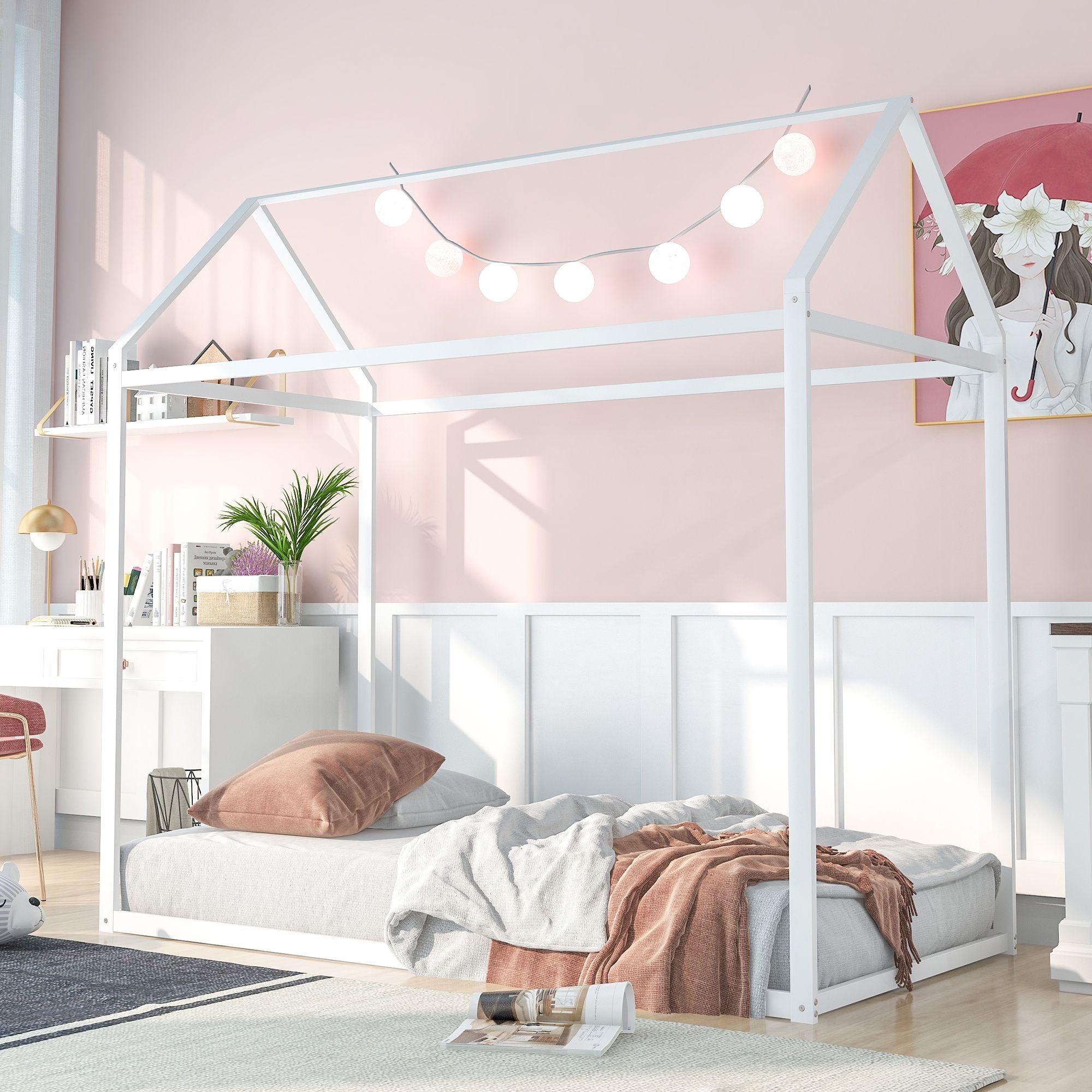 House Bed Frame Twin Size ;  Kids Bed Frame Metal Platform Bed Floor Bed for Kids Boys Girls No Box Spring Needed