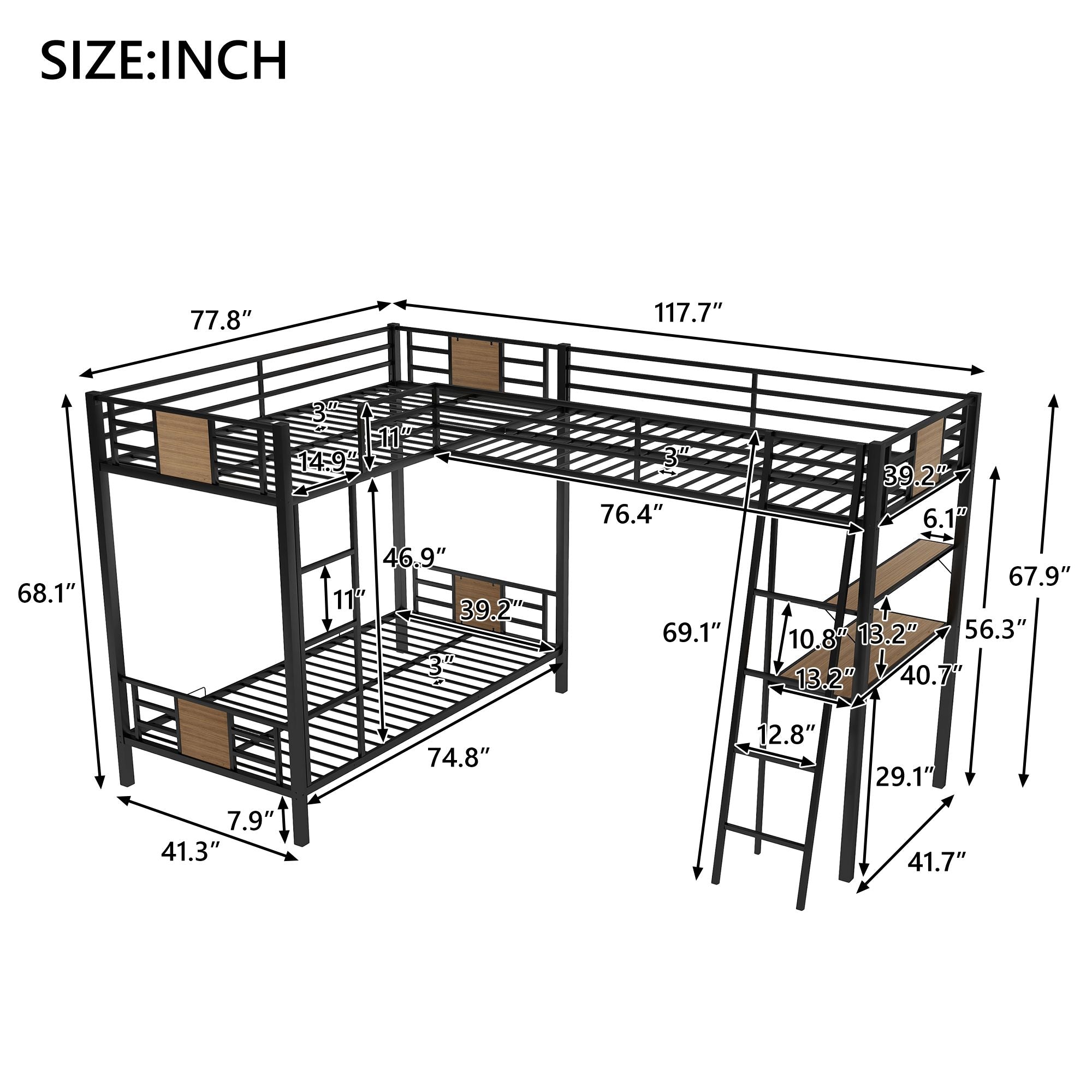 L-Shaped Twin over Twin Bunk Bed with Twin Size Loft Bed with Desk and Shelf