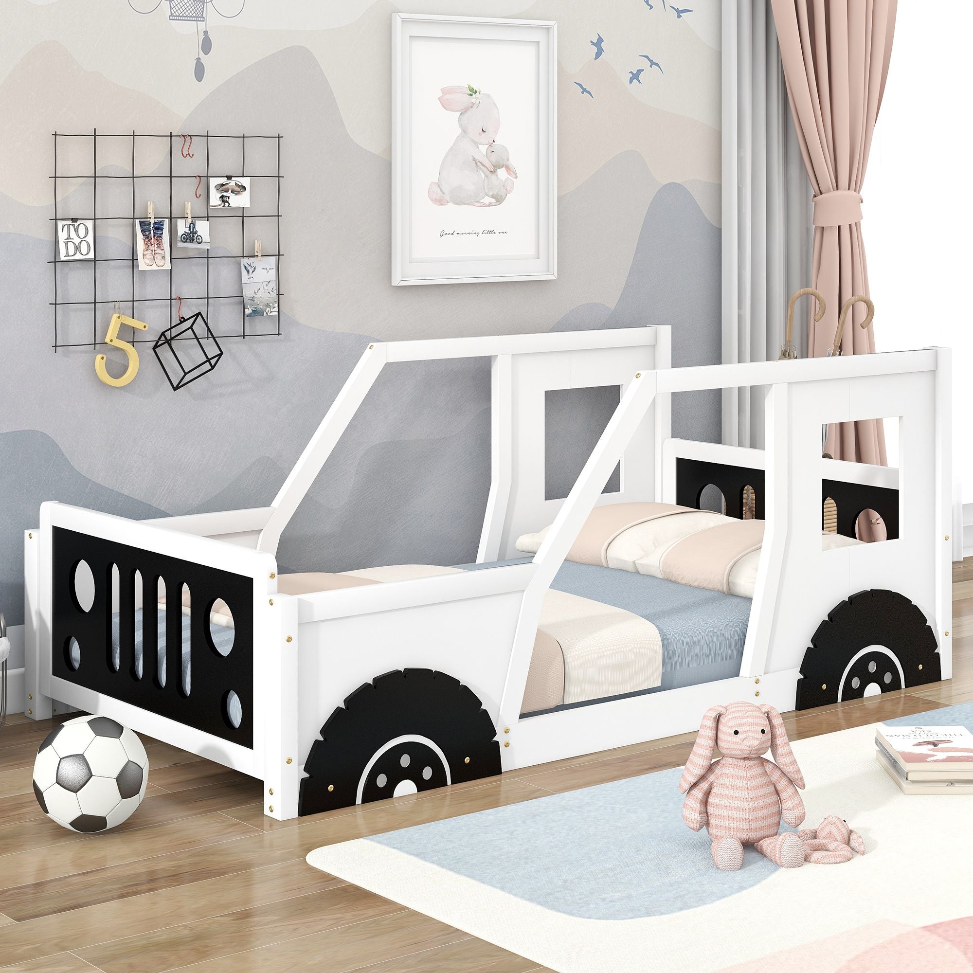 Twin Size Classic Car-Shaped Platform Bed with Wheels