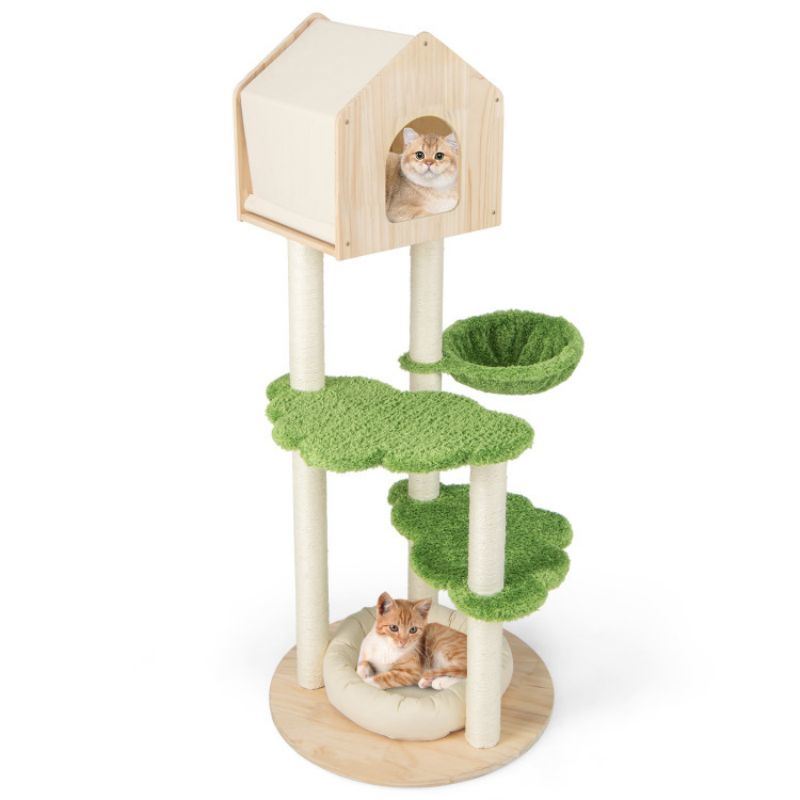 55-Inch Tall Cat Climbing Stand with Sisal Scratching Posts & Soft Bed, Multi-Level Cat Tower for Indoor Kittens, Pine Wood Structure