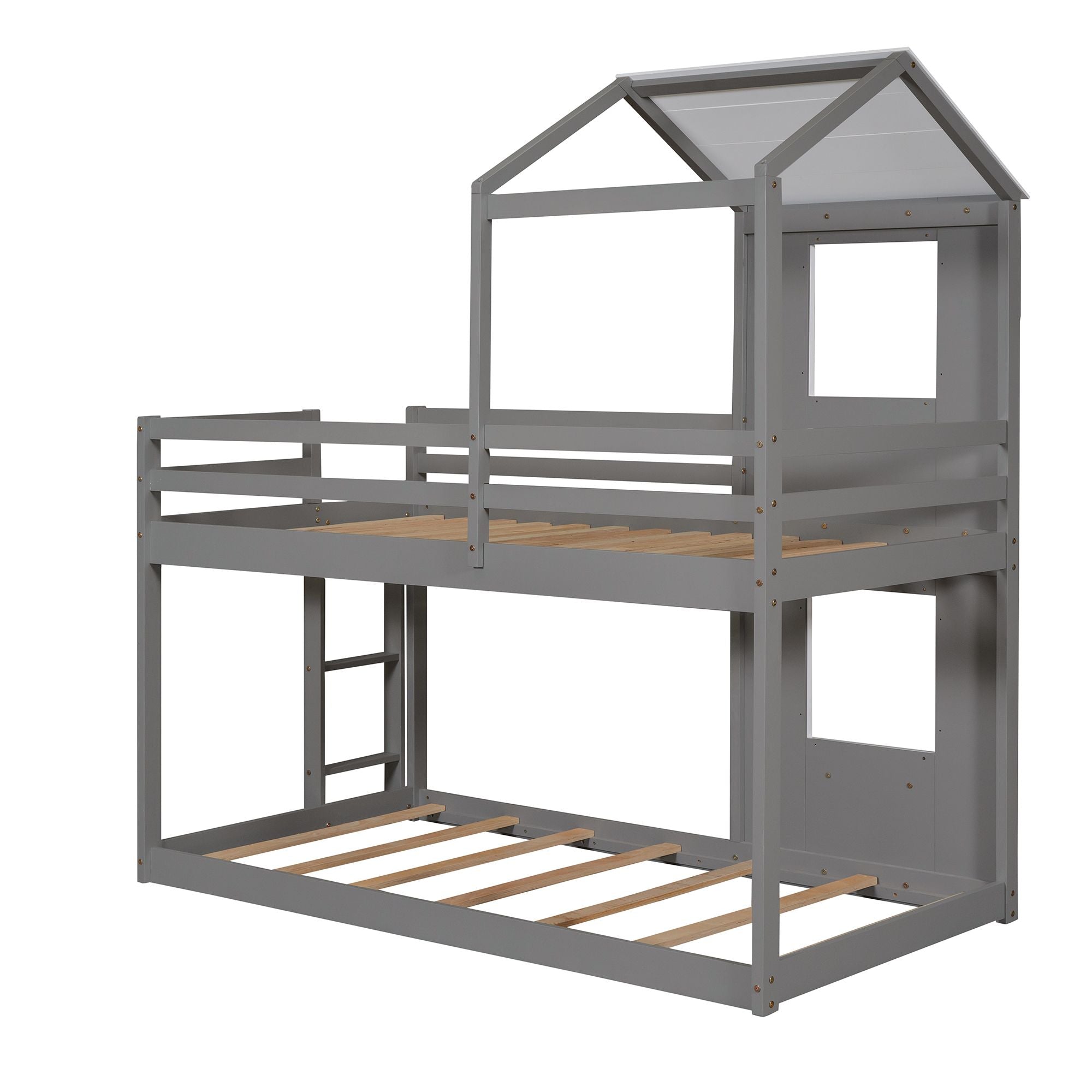 Twin Over Twin Bunk Bed Wood Bed with Roof;  Window;  Guardrail;  Ladder