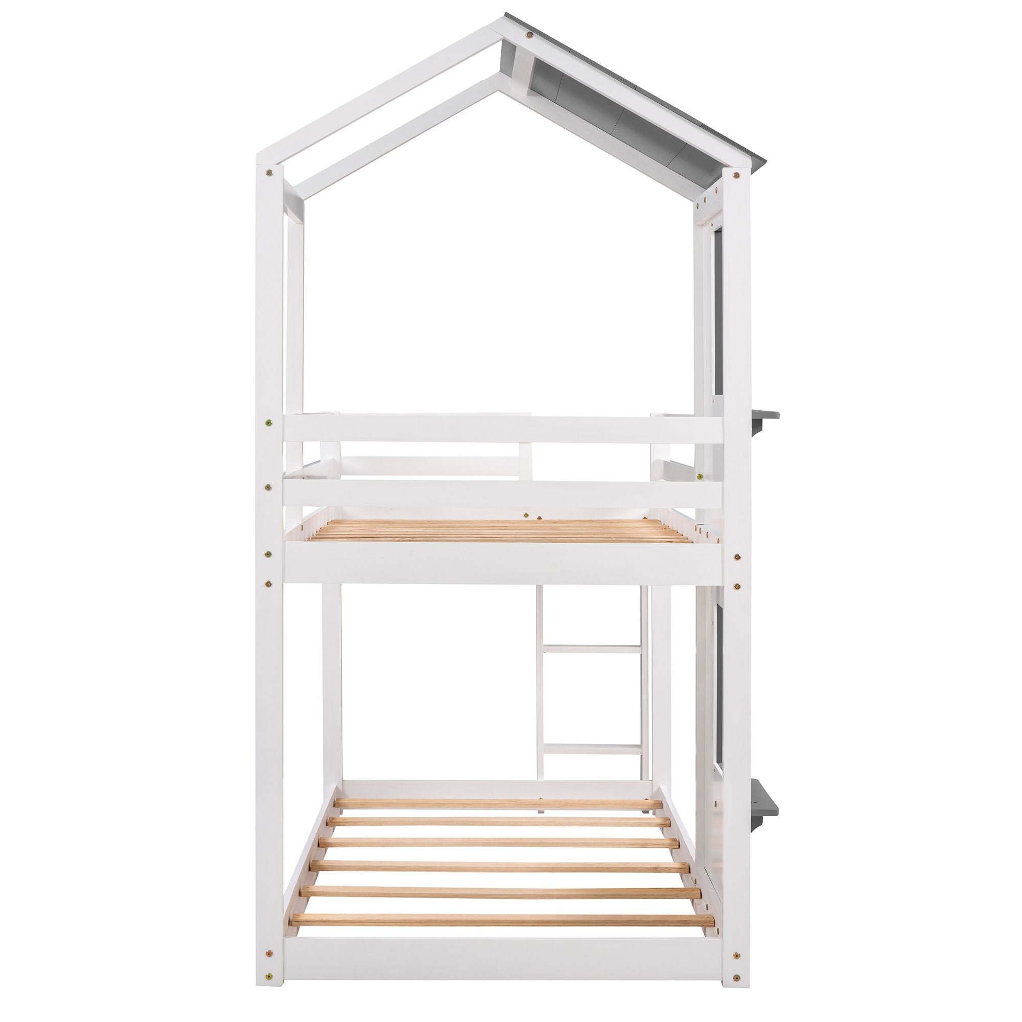 Twin Over Twin Bunk Bed Wood Bed with Roof;  Window;  Guardrail;  Ladder