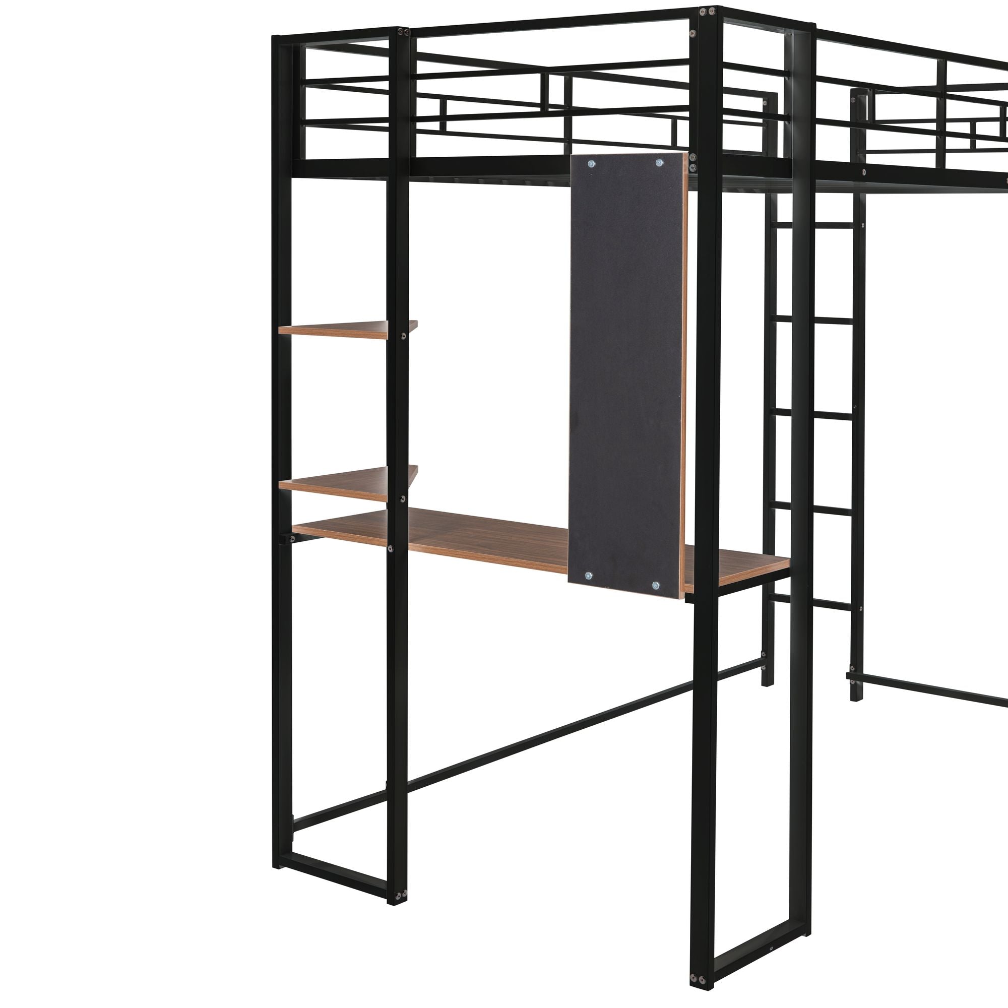 Twin Metal Loft Bed with 2 Shelves and one Desk