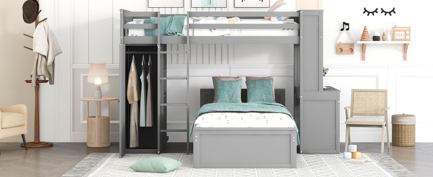 Twin size Loft Bed with a Stand-alone bed;  Shelves; Desk; and Wardrobe