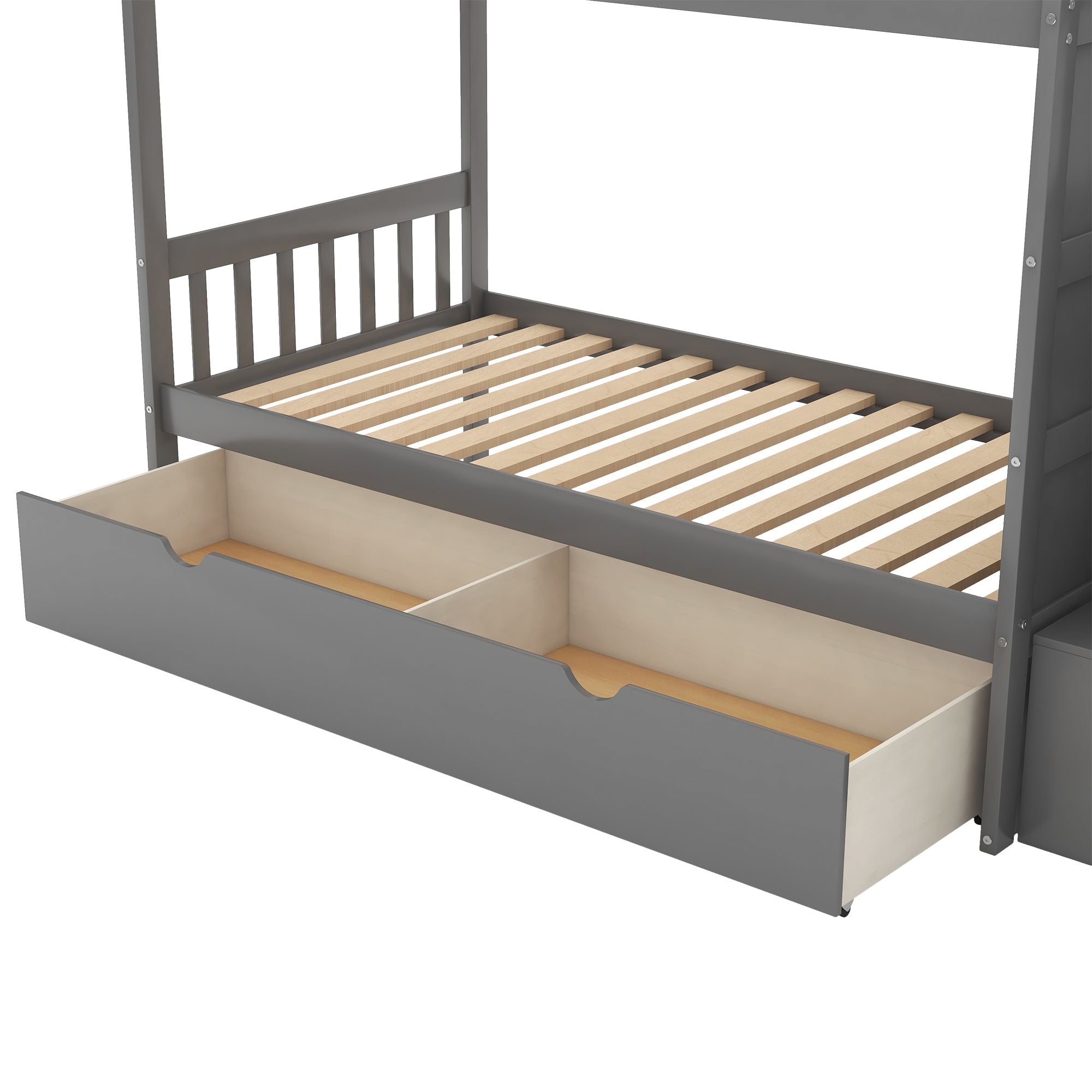 Twin over Full/Twin Bunk Bed;  Convertible Bottom Bed;  Storage Shelves and Drawers;  Gray