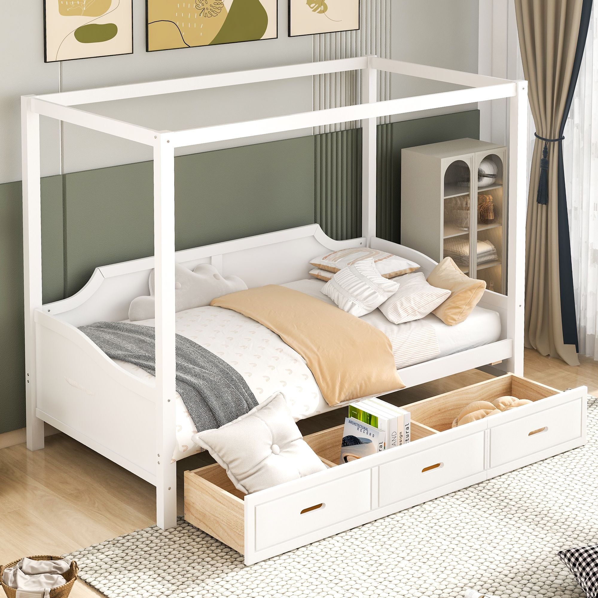 Twin Size Wooden Canopy Daybed with 3 in 1 Storage Drawers