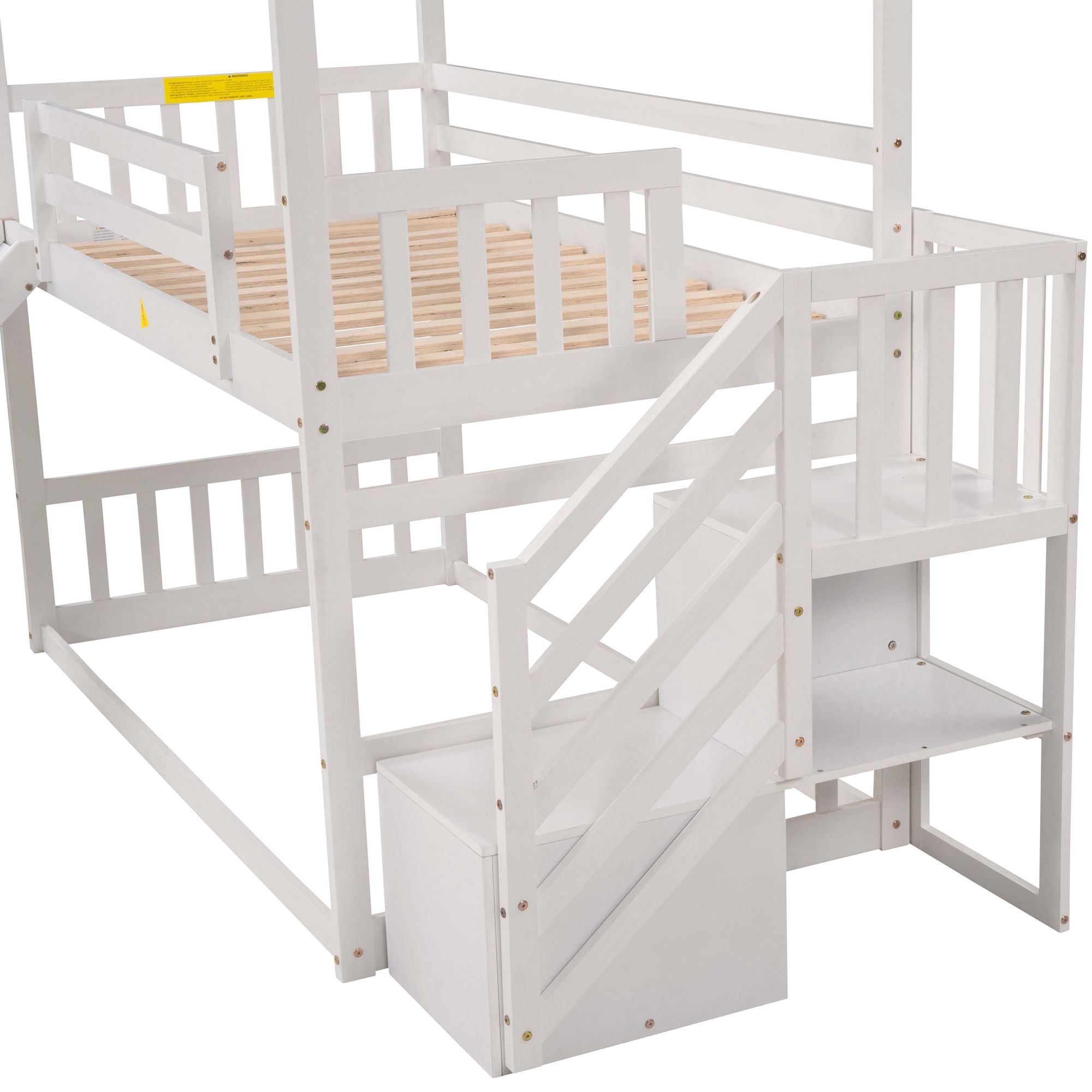 Twin over Twin House Bunk Bed with Convertible Slide; Storage Staircase