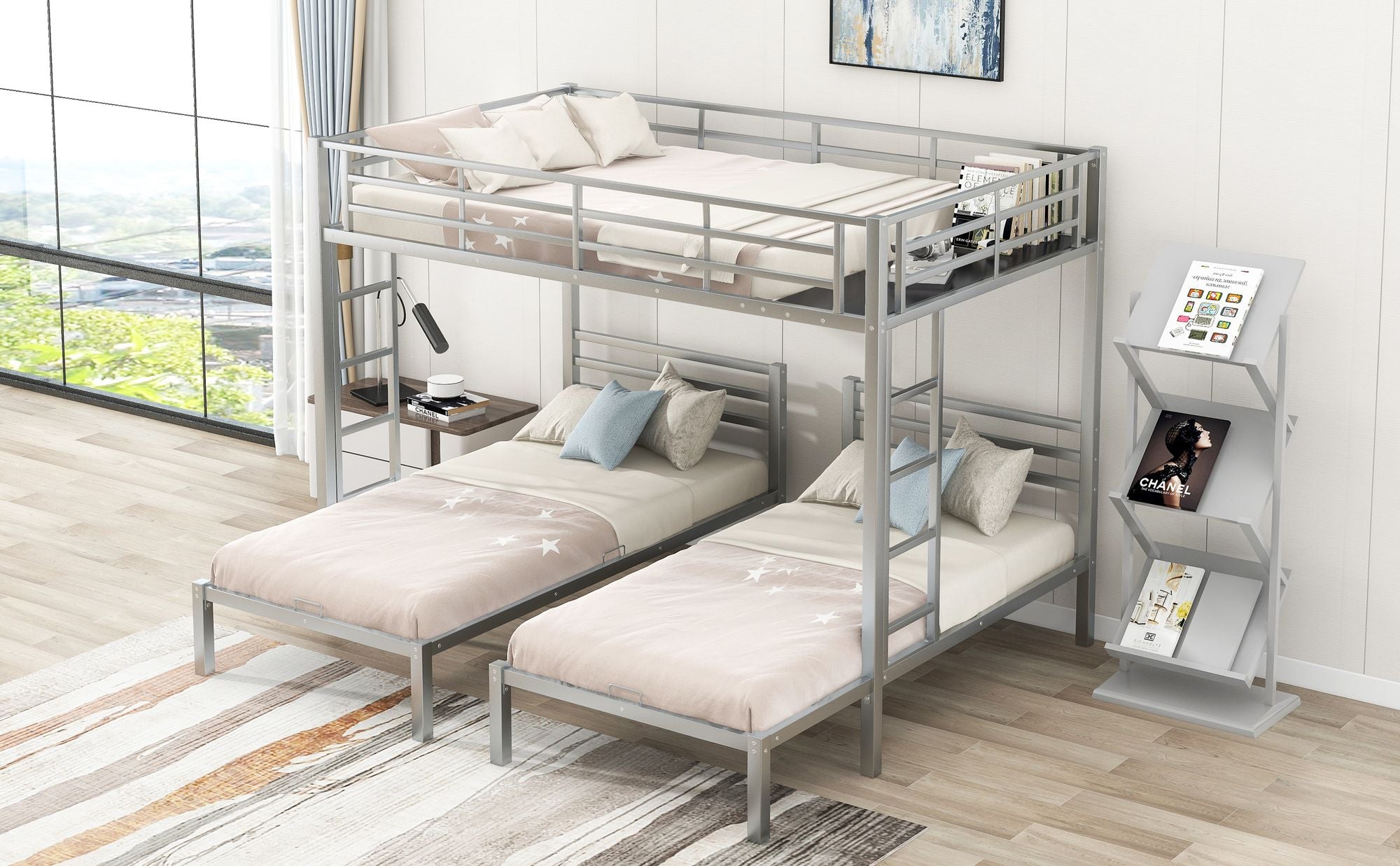 Full over Twin&Twin Size Bunk Metal Bed with Built-in Shelf