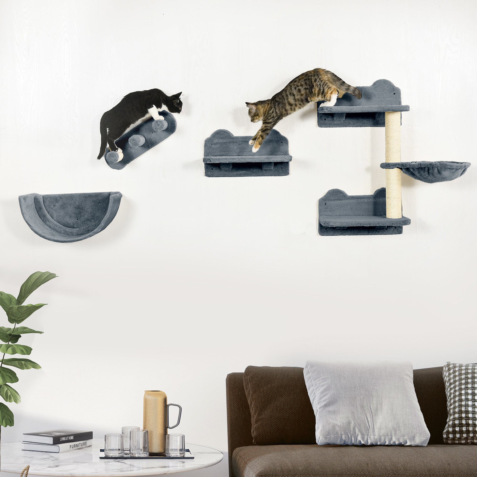 PawHut Cat Wall Shelves, 4 Pcs Cat Wall Furniture with Hammock, Perches & Scratching Post, Gray - Perfect for Climbing, Sleeping, and Playing