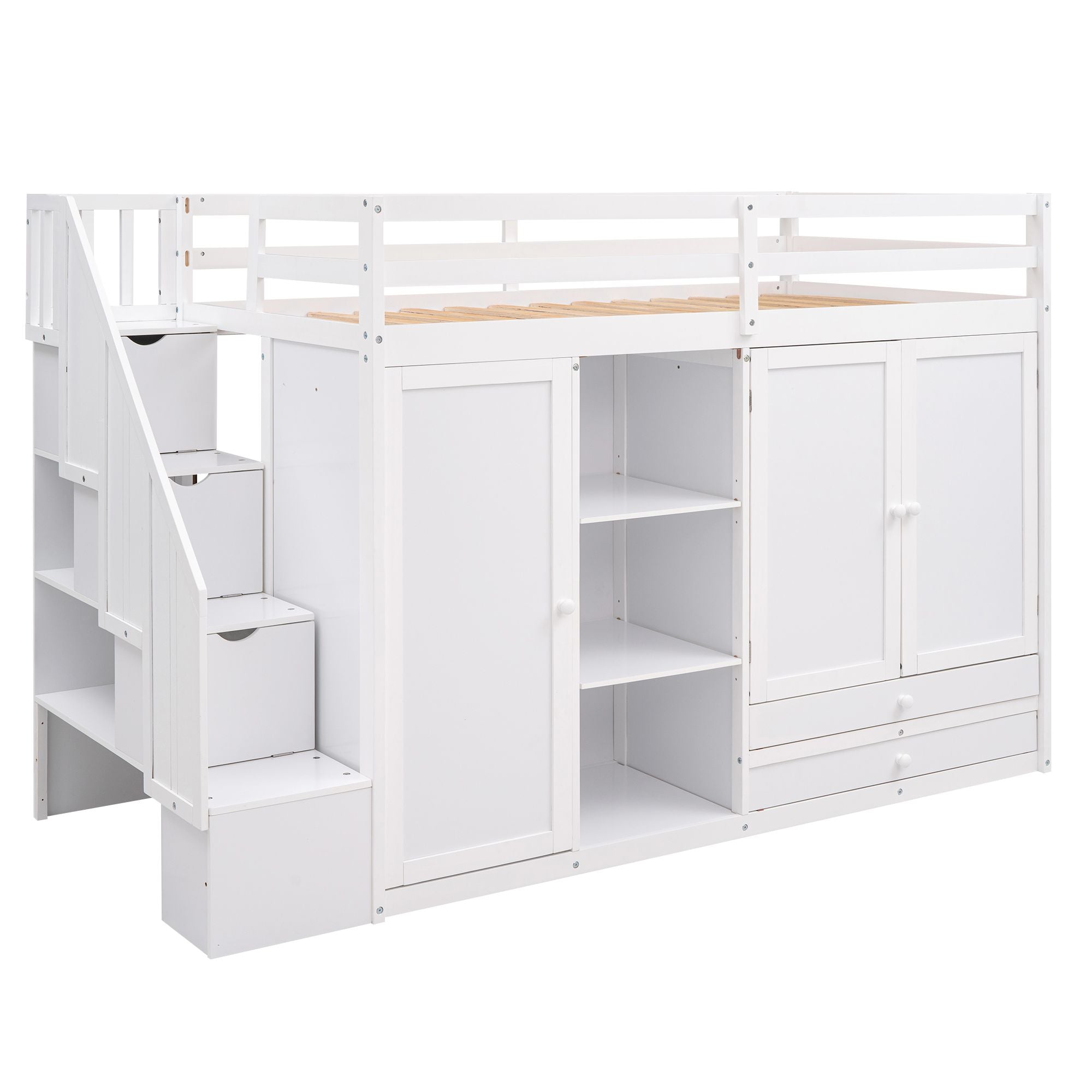 Functional Loft Bed with 3 Shelves;  2 Wardrobes and 2 Drawers;  Ladder with Storage;  No Box Spring Needed