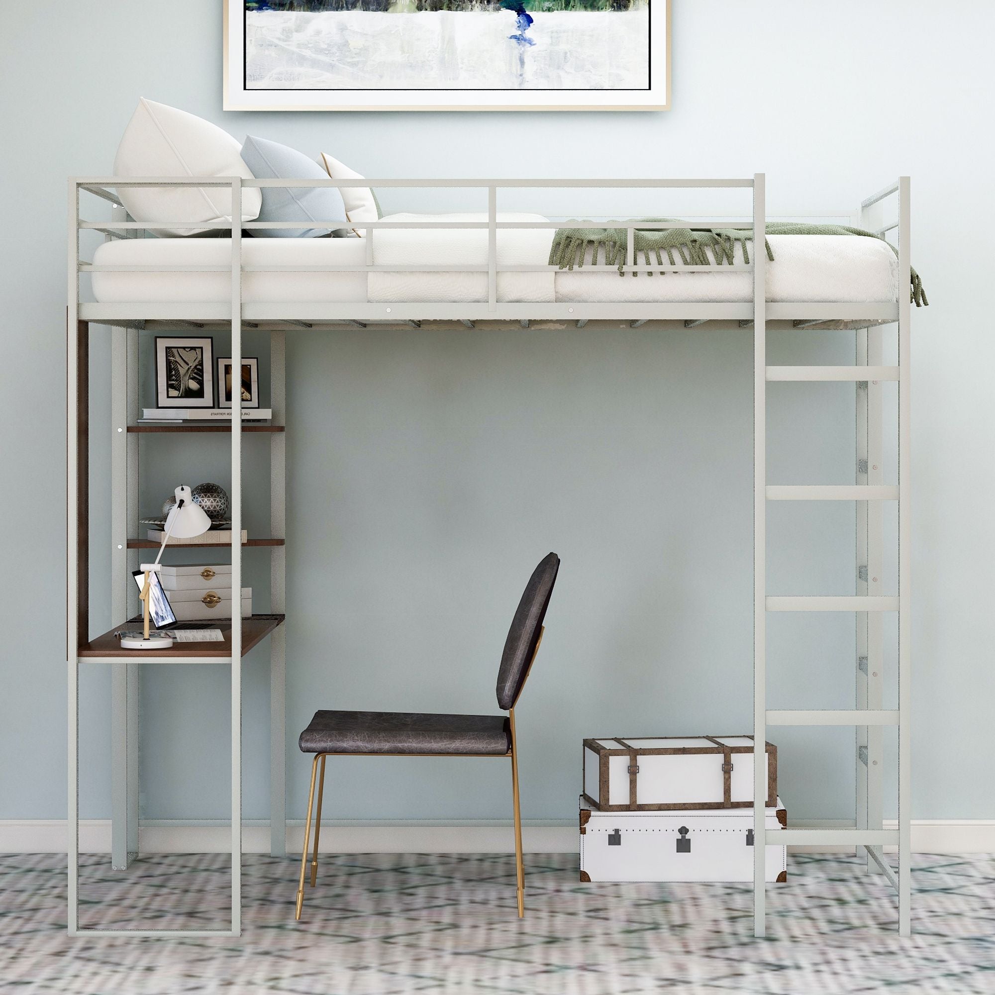 Twin Metal Loft Bed with 2 Shelves and one Desk