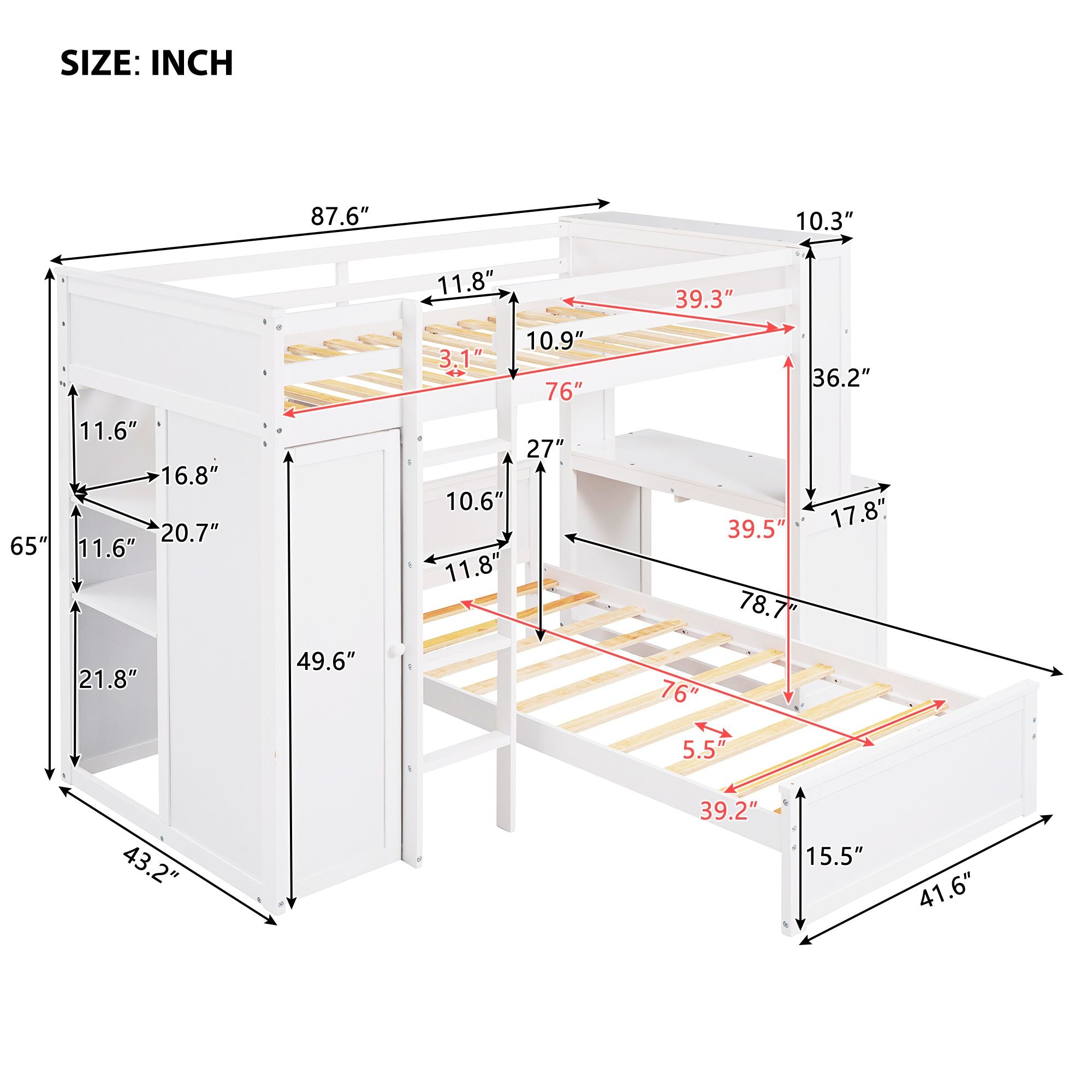 Twin size Loft Bed with a Stand-alone bed;  Shelves; Desk; and Wardrobe