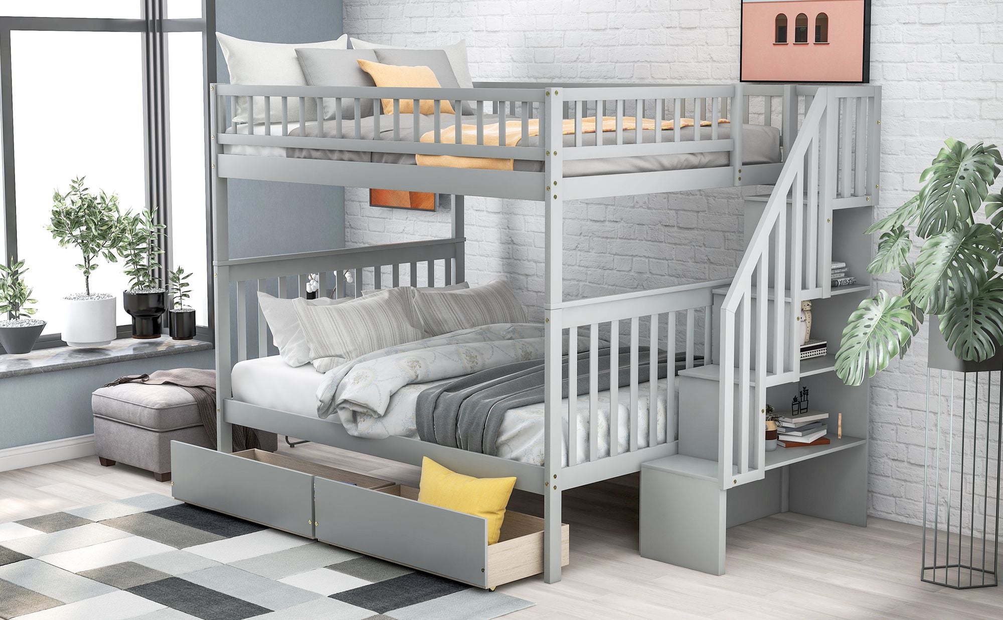 Full over Full Bunk Bed with Two Drawers and Storage