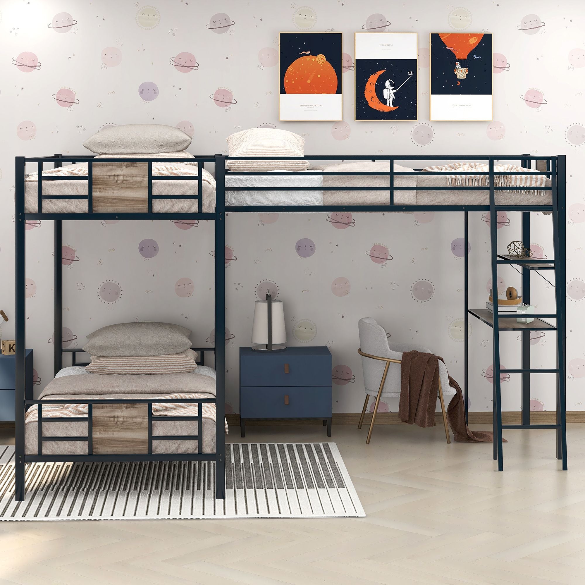 L-Shaped Twin over Twin Bunk Bed with Twin Size Loft Bed with Desk and Shelf