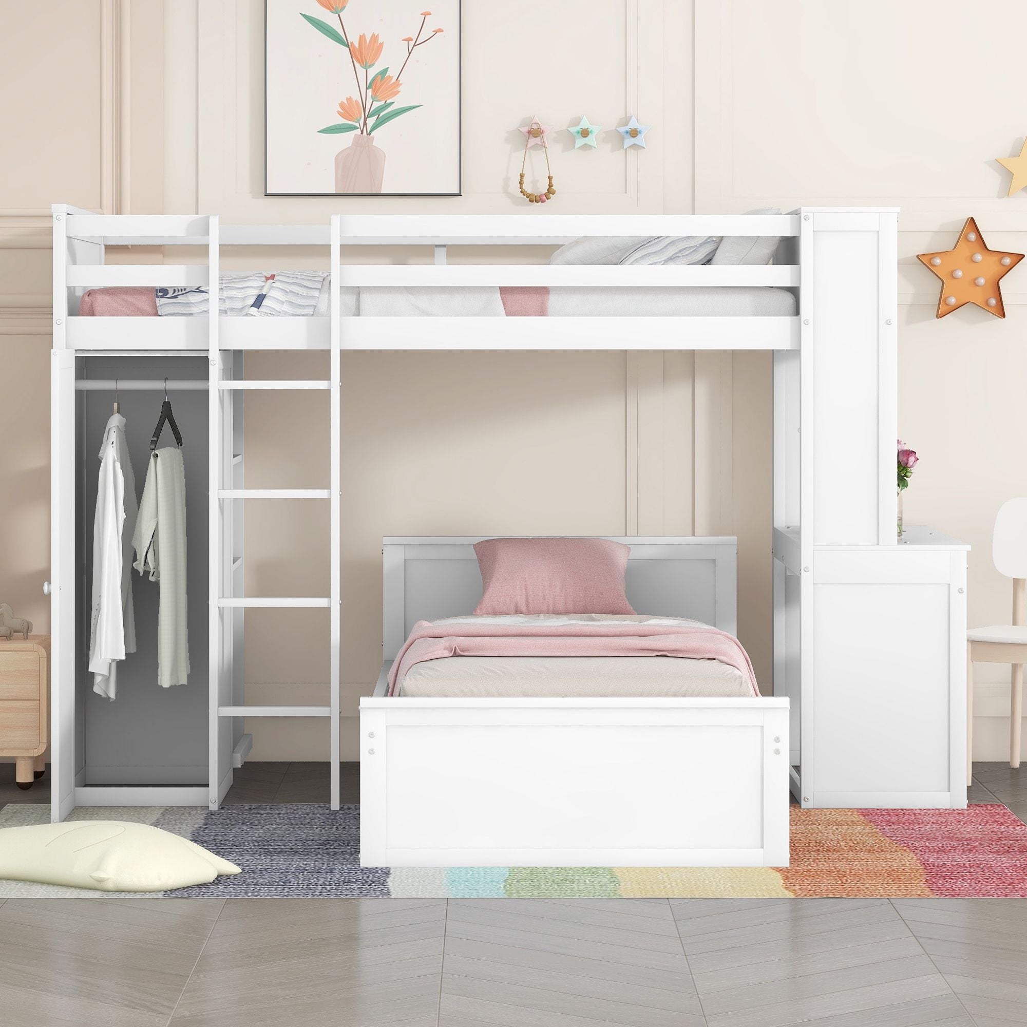 Twin size Loft Bed with a Stand-alone bed;  Shelves; Desk; and Wardrobe