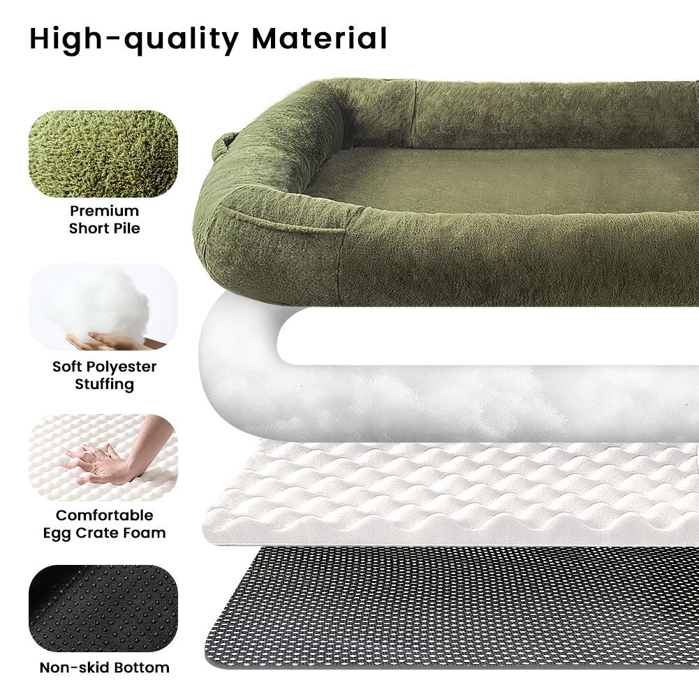 Extra Large Dog Bed, Human Dog Bed for Adult Instead of Foldable Air Mattress, 72"x48"x10" Washable Floor Beds Large Sized Dog Gifts with Handle, Blanket and 4 Storage Pockets, Army Green