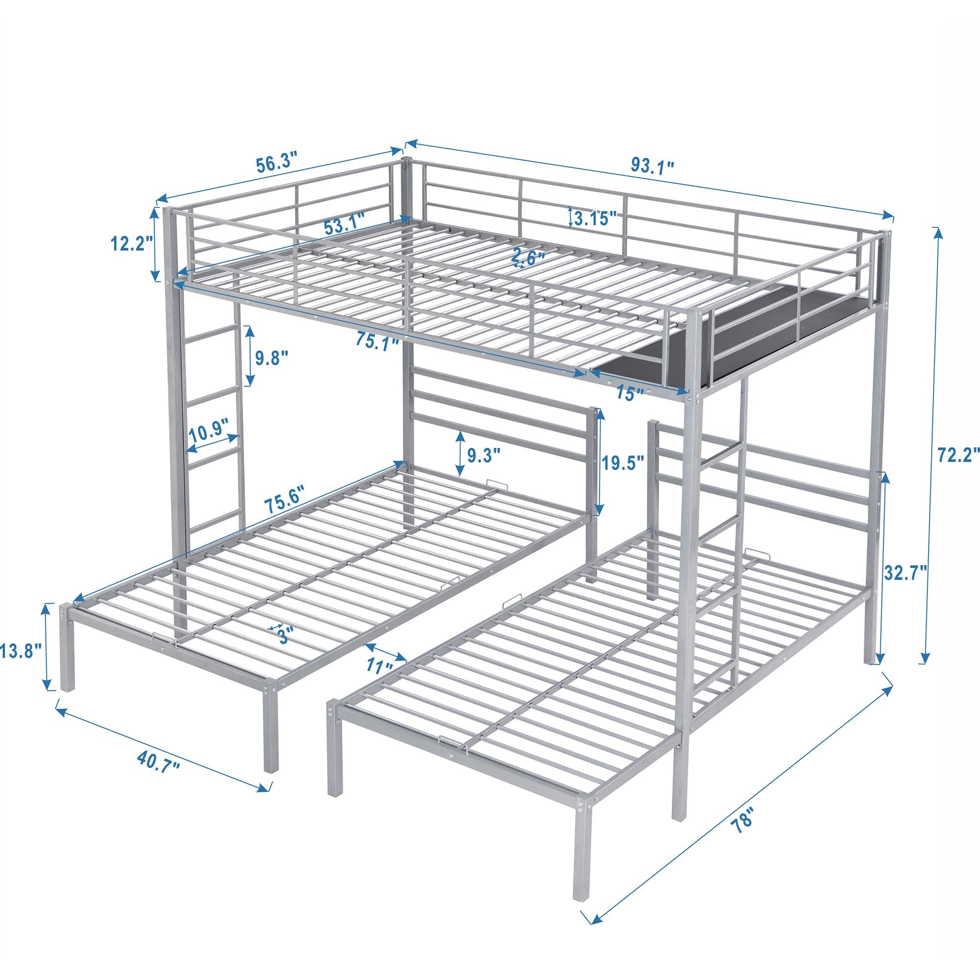 Full over Twin&Twin Size Bunk Metal Bed with Built-in Shelf