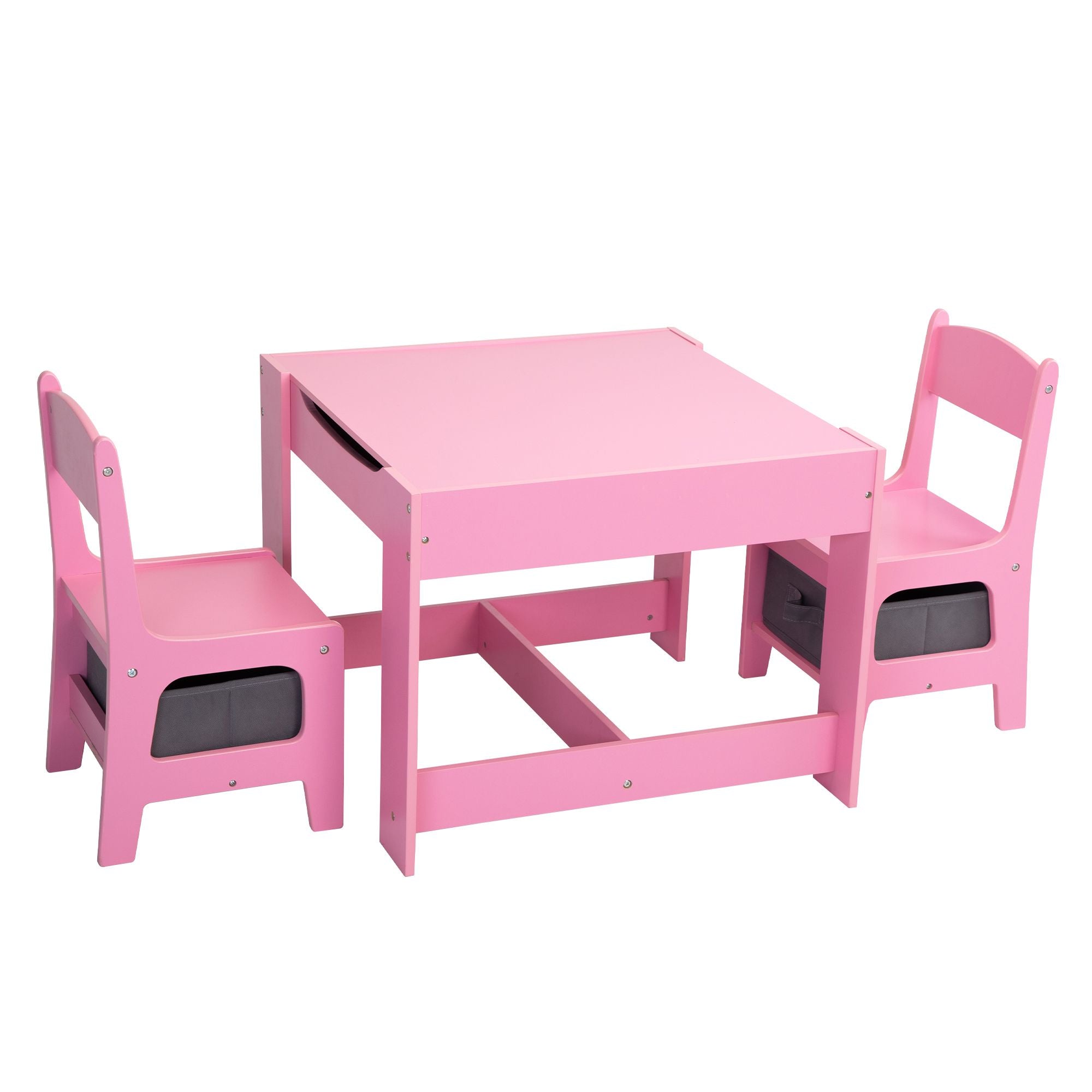 3-in-1 Kids Wood Table and 2 Chairs, Children Activity Table Set with Storage, Blackboard, Double-Sided Table for Drawing