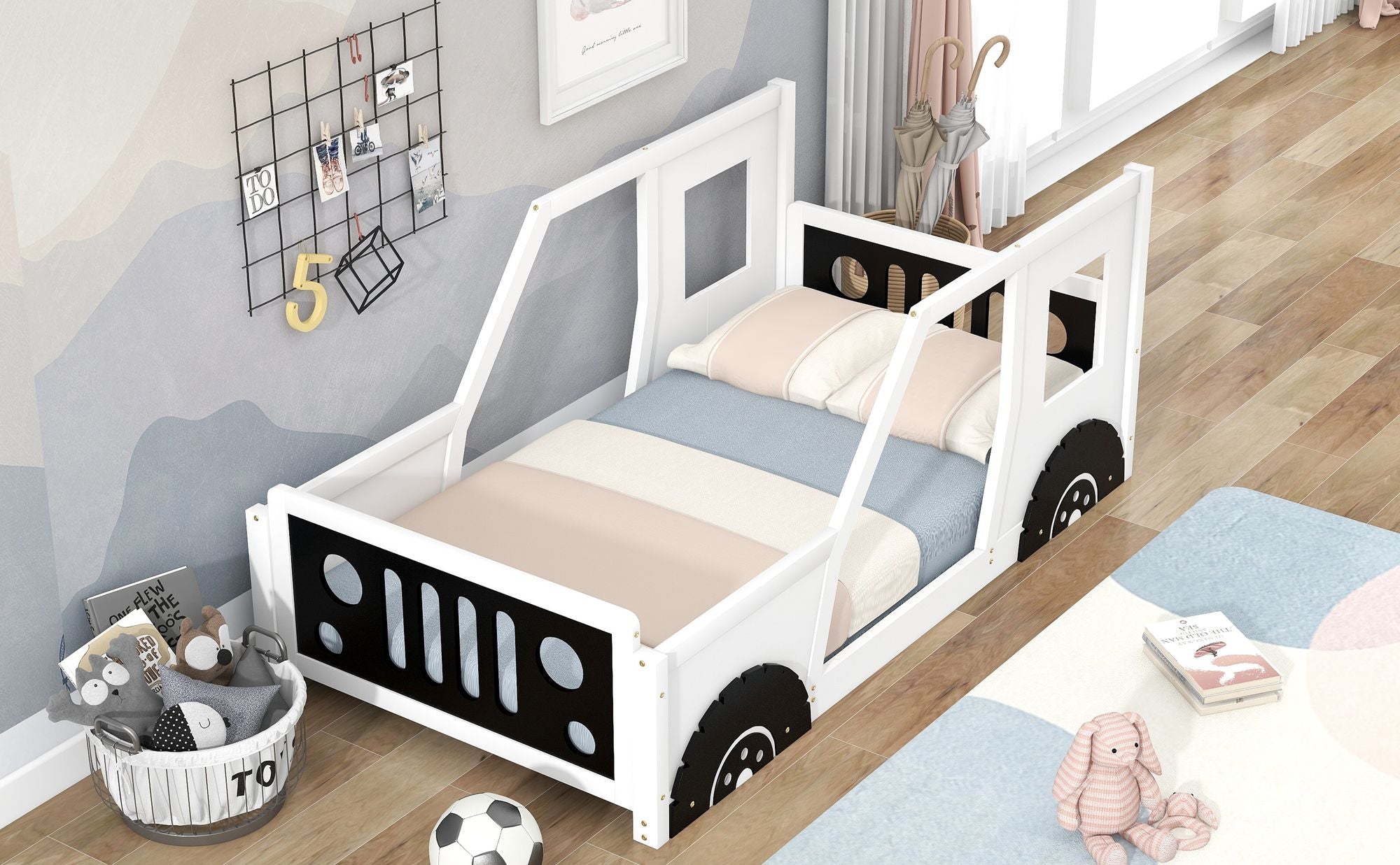 Twin Size Classic Car-Shaped Platform Bed with Wheels