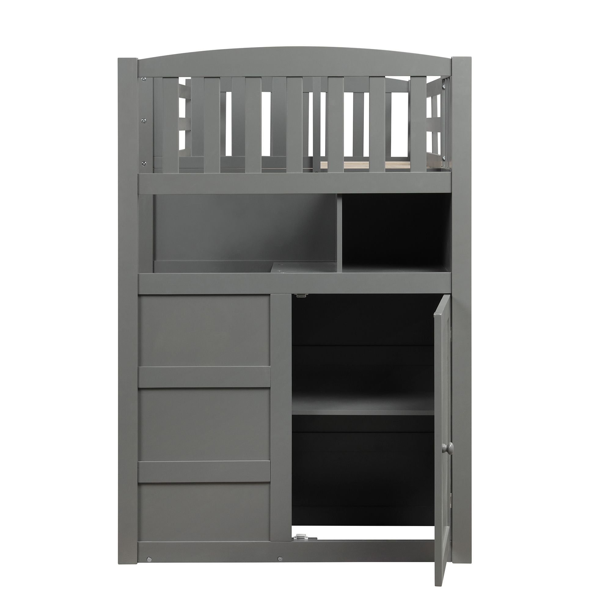 Twin over Full/Twin Bunk Bed;  Convertible Bottom Bed;  Storage Shelves and Drawers;  Gray