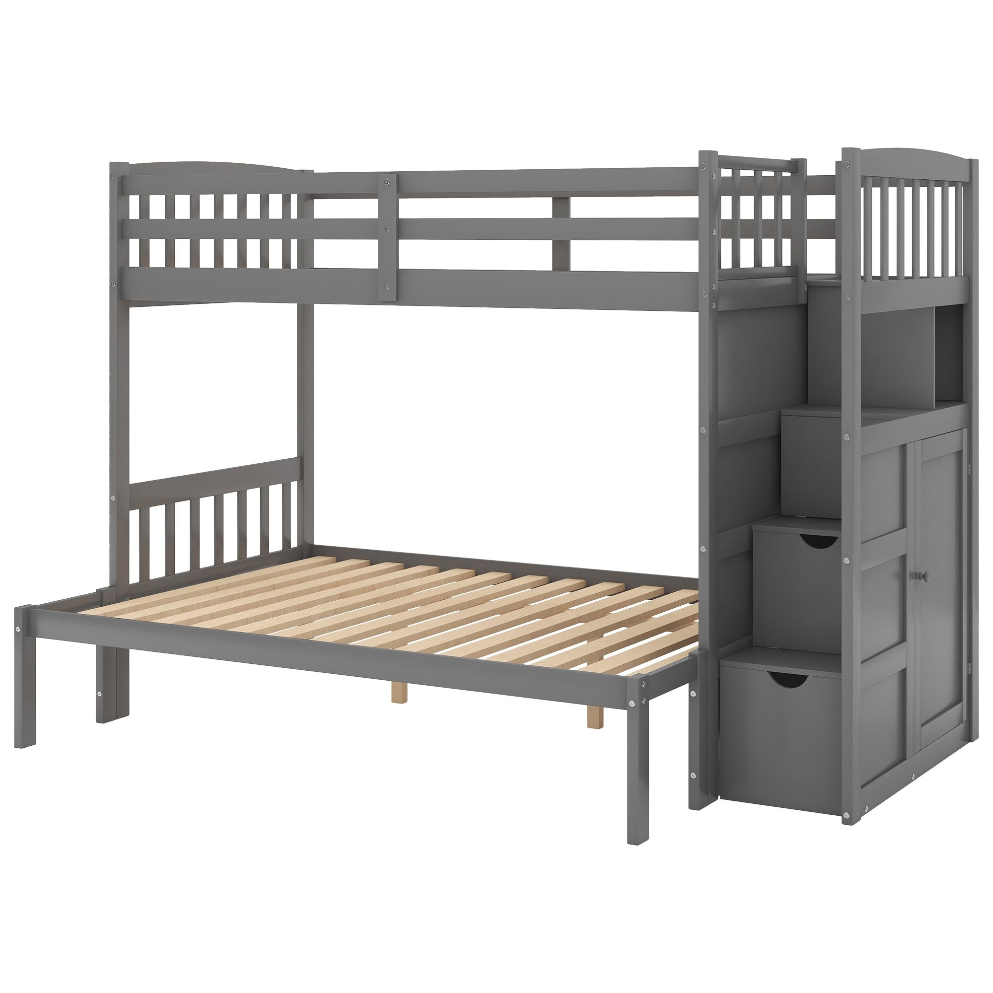 Twin over Full/Twin Bunk Bed;  Convertible Bottom Bed;  Storage Shelves and Drawers;  Gray