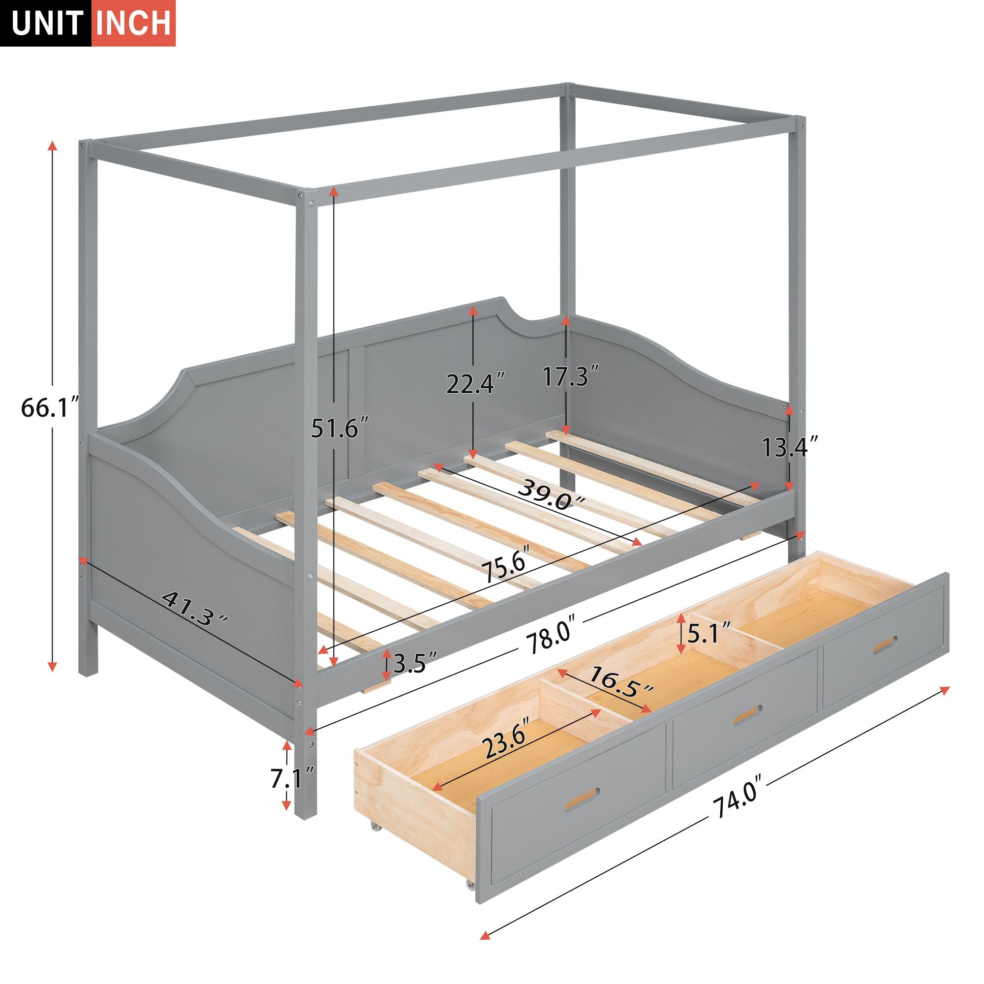 Twin Size Wooden Canopy Daybed with 3 in 1 Storage Drawers