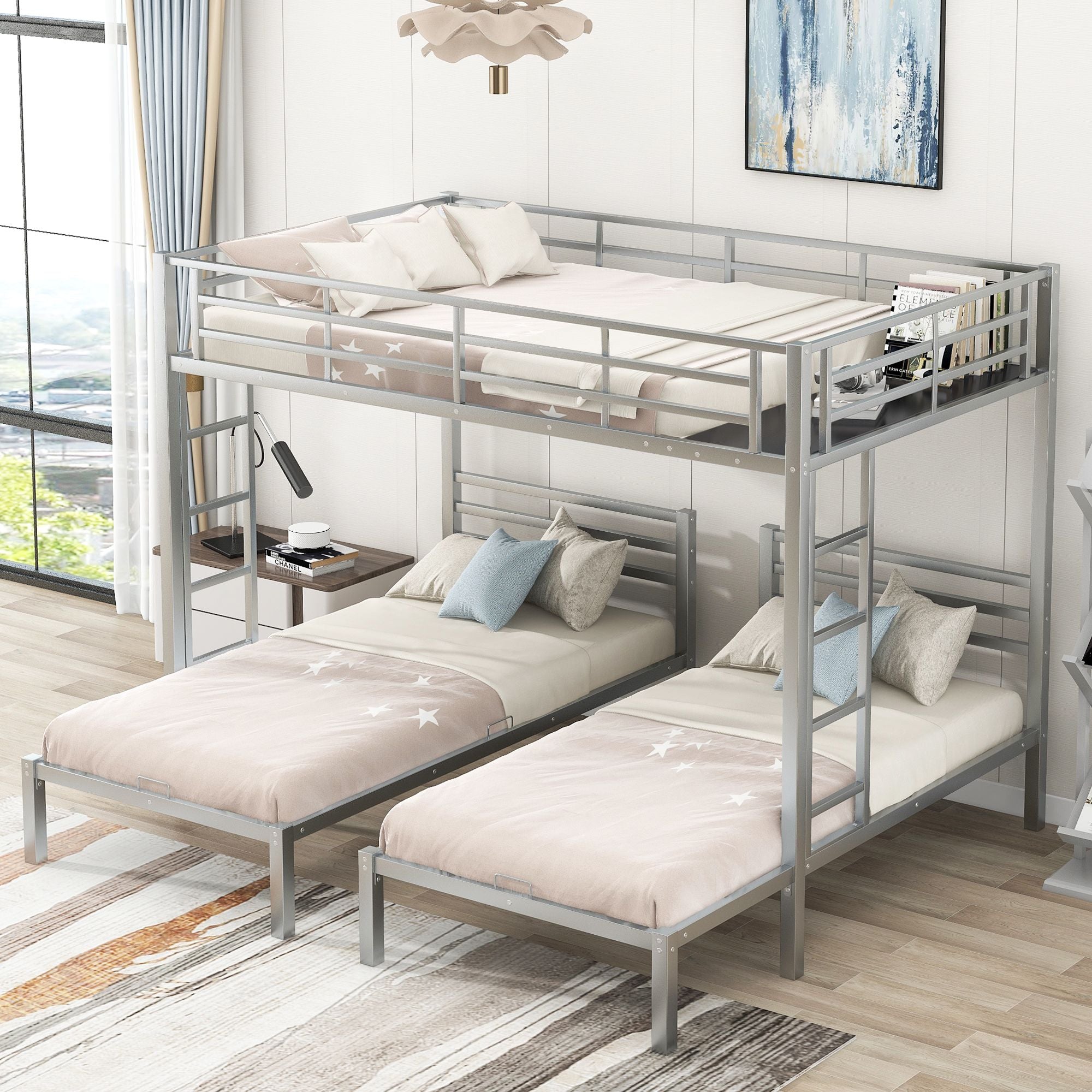 Full over Twin&Twin Size Bunk Metal Bed with Built-in Shelf