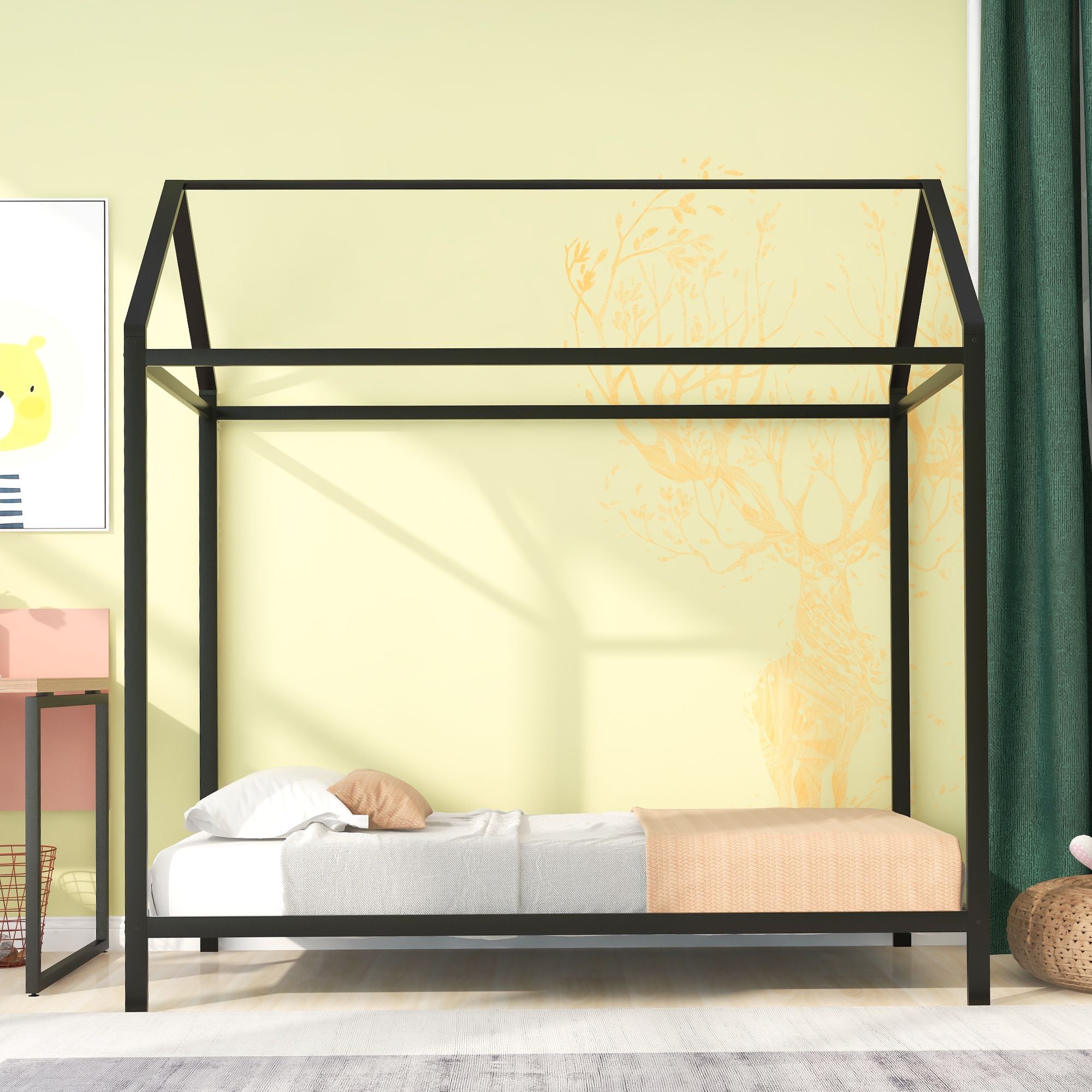 House Bed Frame Twin Size ;  Kids Bed Frame Metal Platform Bed Floor Bed for Kids Boys Girls No Box Spring Needed