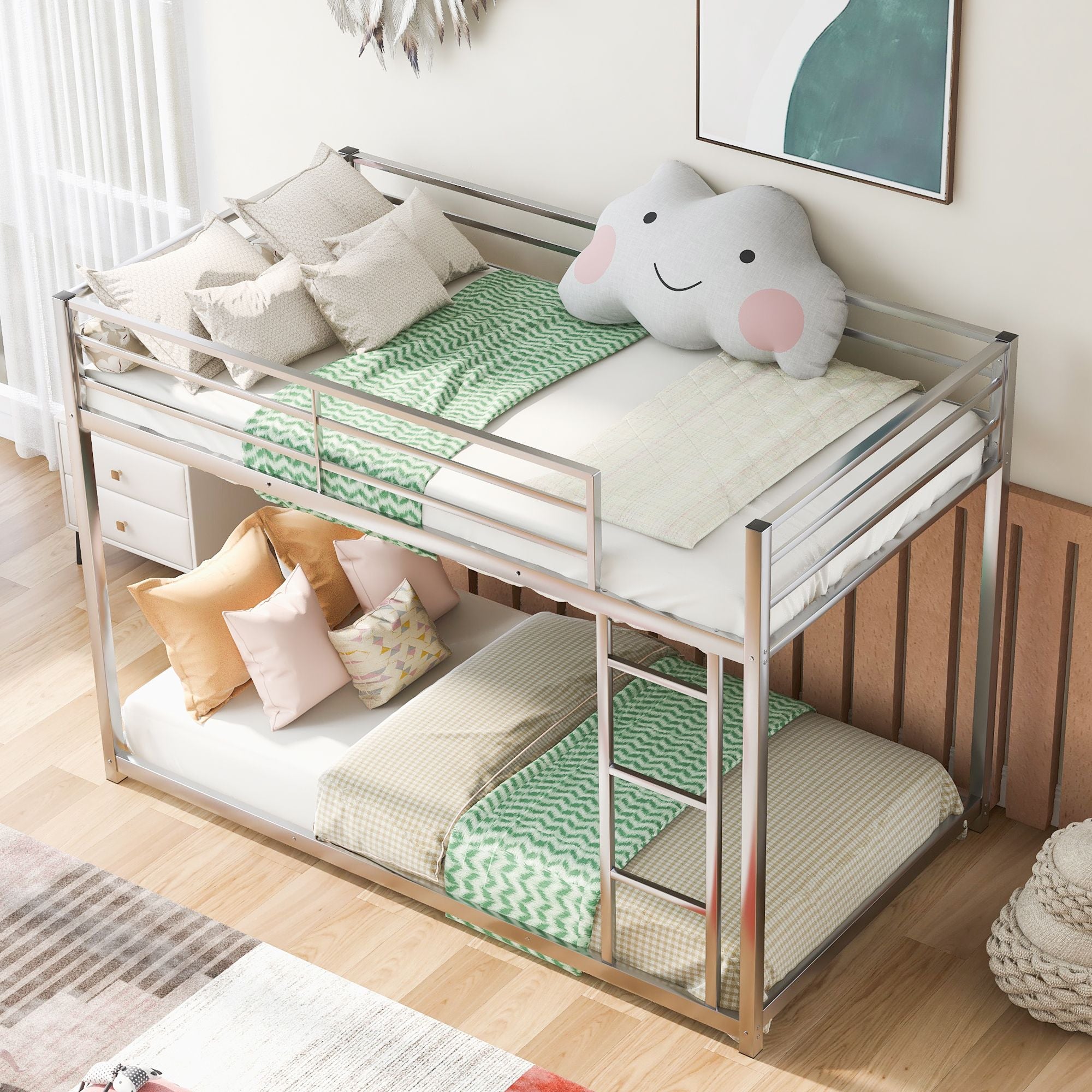 Twin over Twin Metal Bunk Bed;  Low Bunk Bed with Ladder