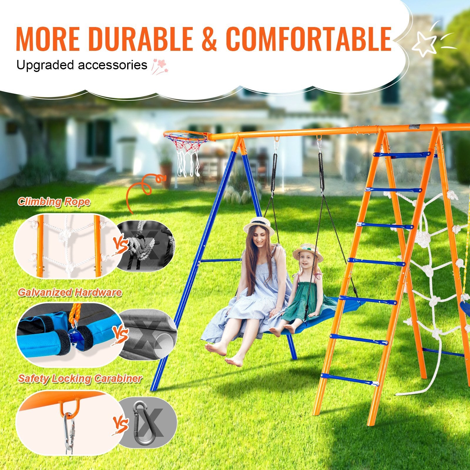 Versatile 6-in-1 A-Frame Swing Set for Kids - Includes Swings, Trapeze, Ladder, Climbing Net & Basketball Hoop