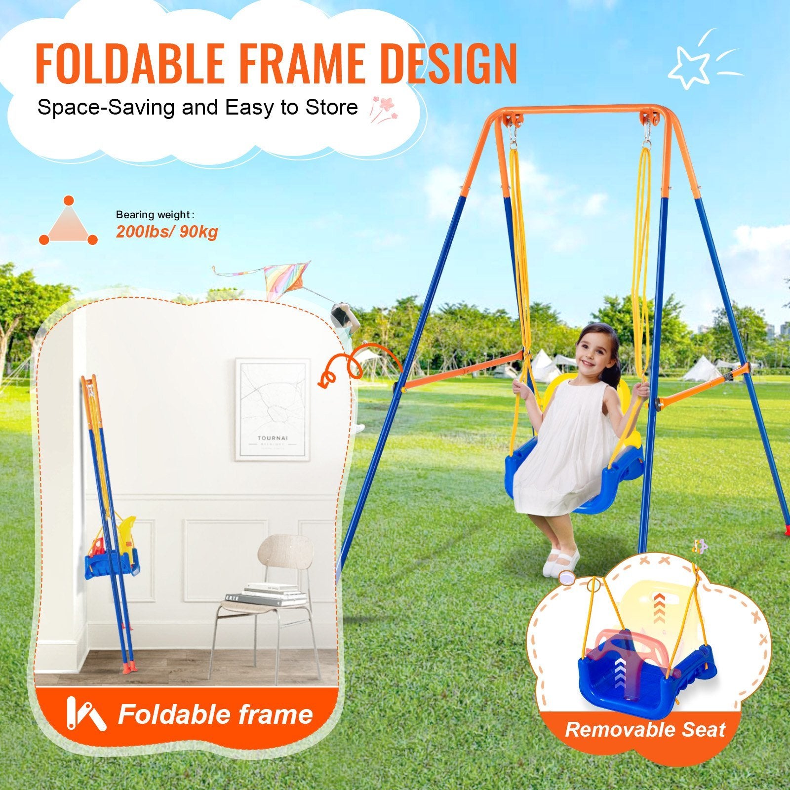 3-in-1 Toddler Swing Set with 4 Sandbags – Adjustable A-Frame Design for Kids Age 3-10, Foldable and Easy to Store