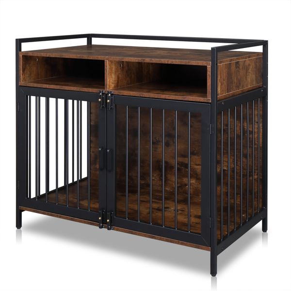 38.6 "Furniture Dog Cage, Metal Heavy Duty Super Sturdy Dog Cage, Dog Crate for Small/Medium Dogs, Double Door and Double Lock, with Storage and Anti-chew Features, Pet crate furniture, Rustic Brown