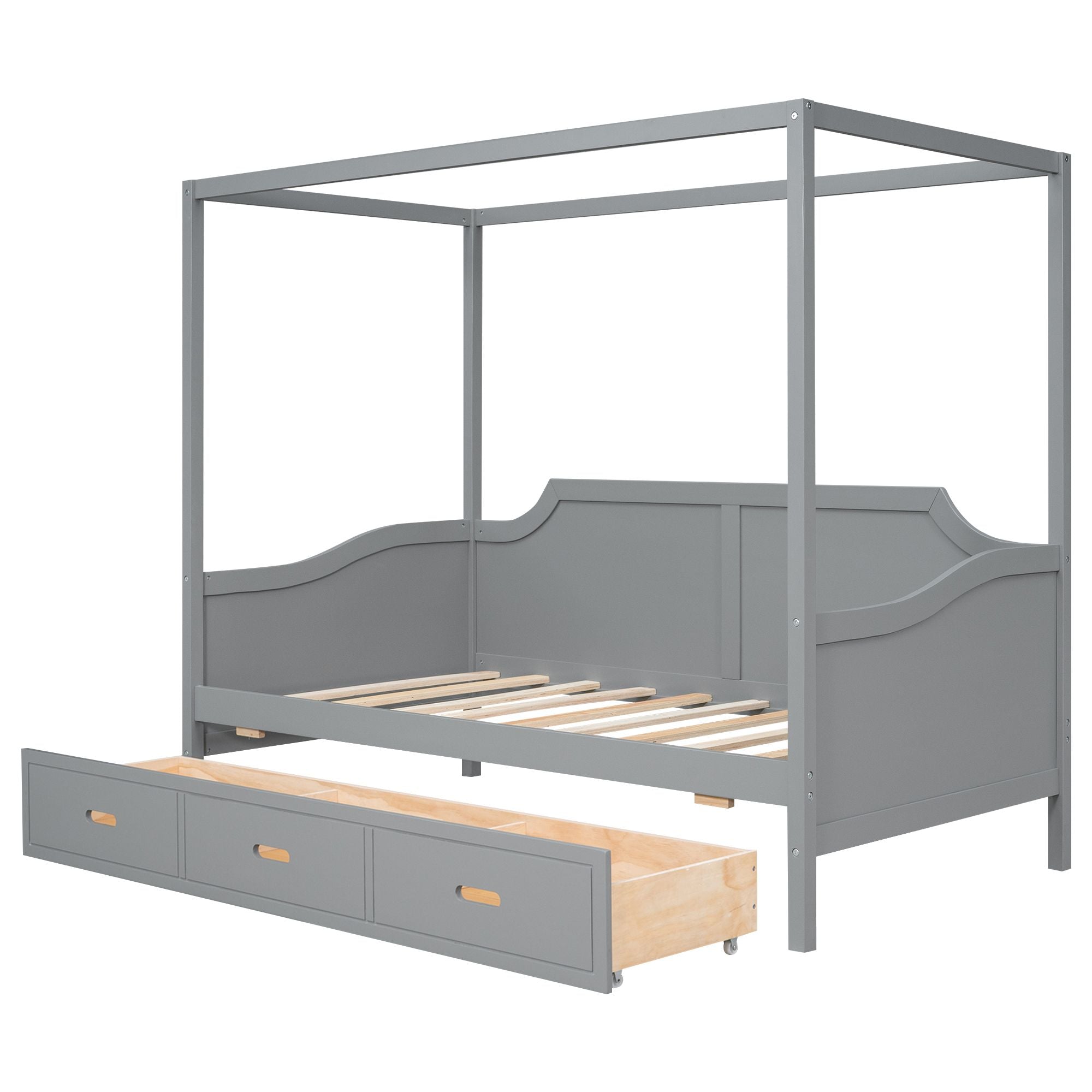 Twin Size Wooden Canopy Daybed with 3 in 1 Storage Drawers