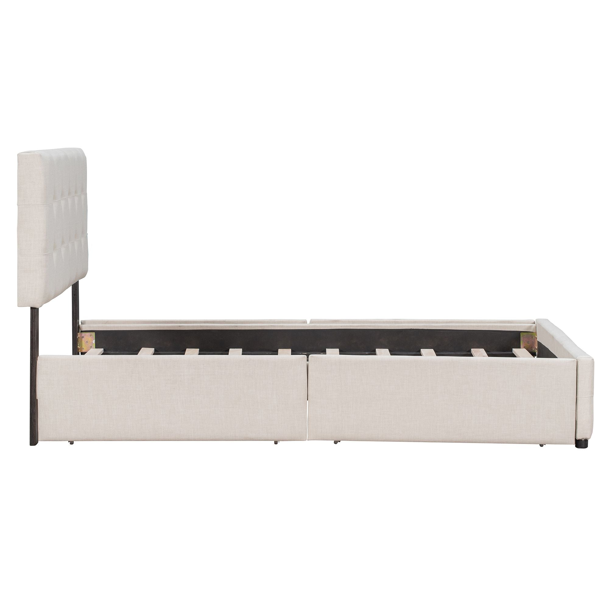 Upholstered Platform Bed with Classic Headboard and 4 Drawers;  No Box Spring Needed;  Linen Fabric;  Queen Size