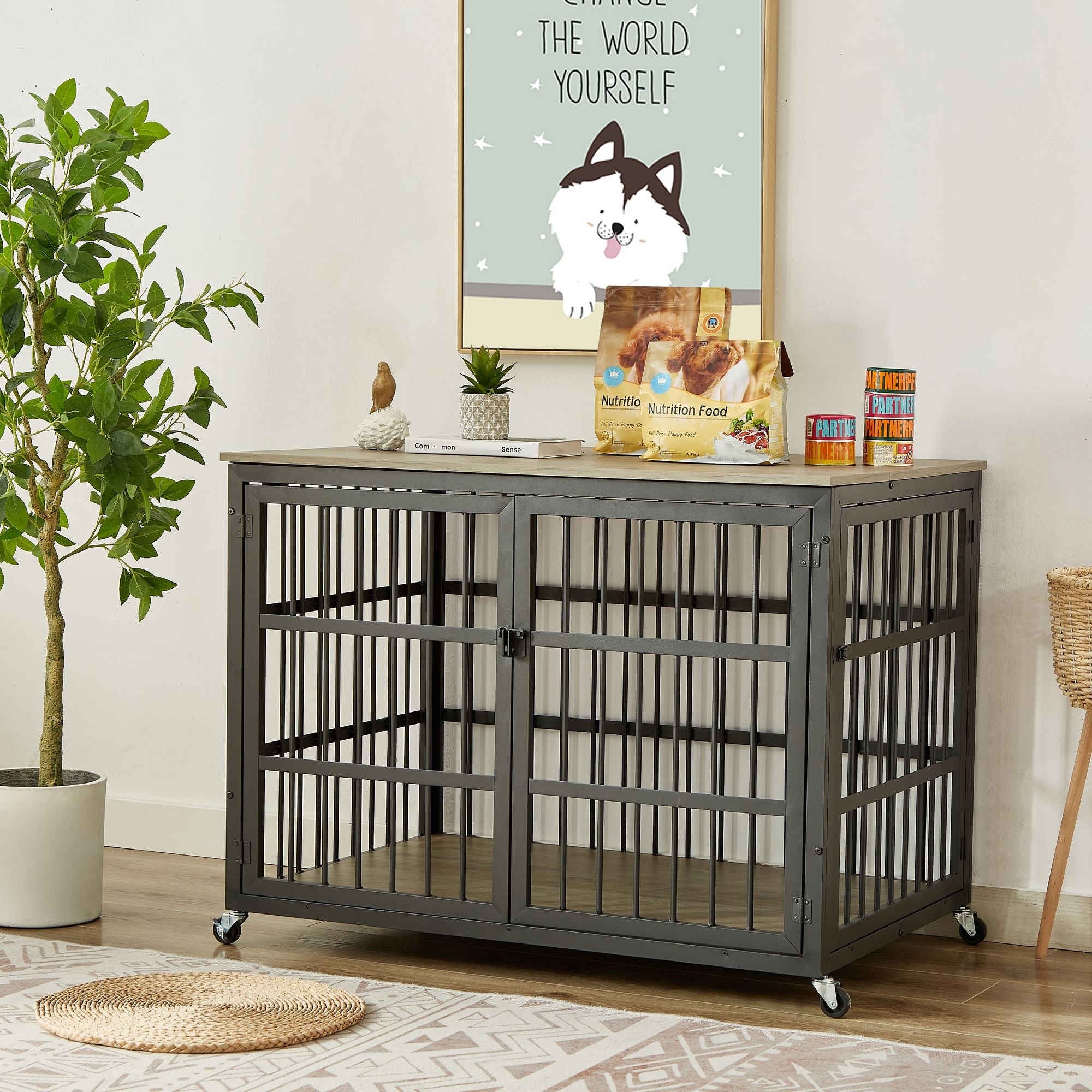 Furniture style dog crate wrought iron frame door with side openings, Grey, 43.3''W x 29.9''D x 33.5''H.