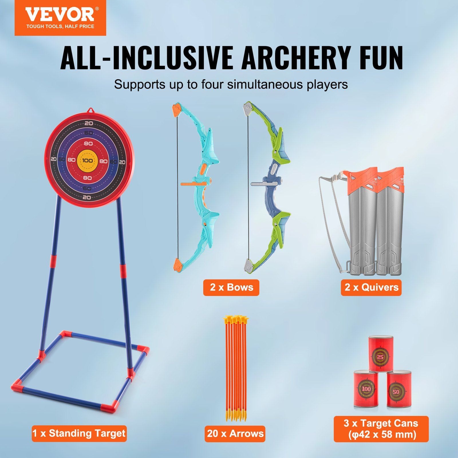 VEVOR Bow and Arrow Set for Kids, 2 Pack LED Light Up Archery Set with 20 Suction Cup Arrows, Standing Target, 2 Quivers, 3 Target Cans, Outdoor Toy Birthday Gift for Boys & Girls 6 7 8 9 10+ Year Old