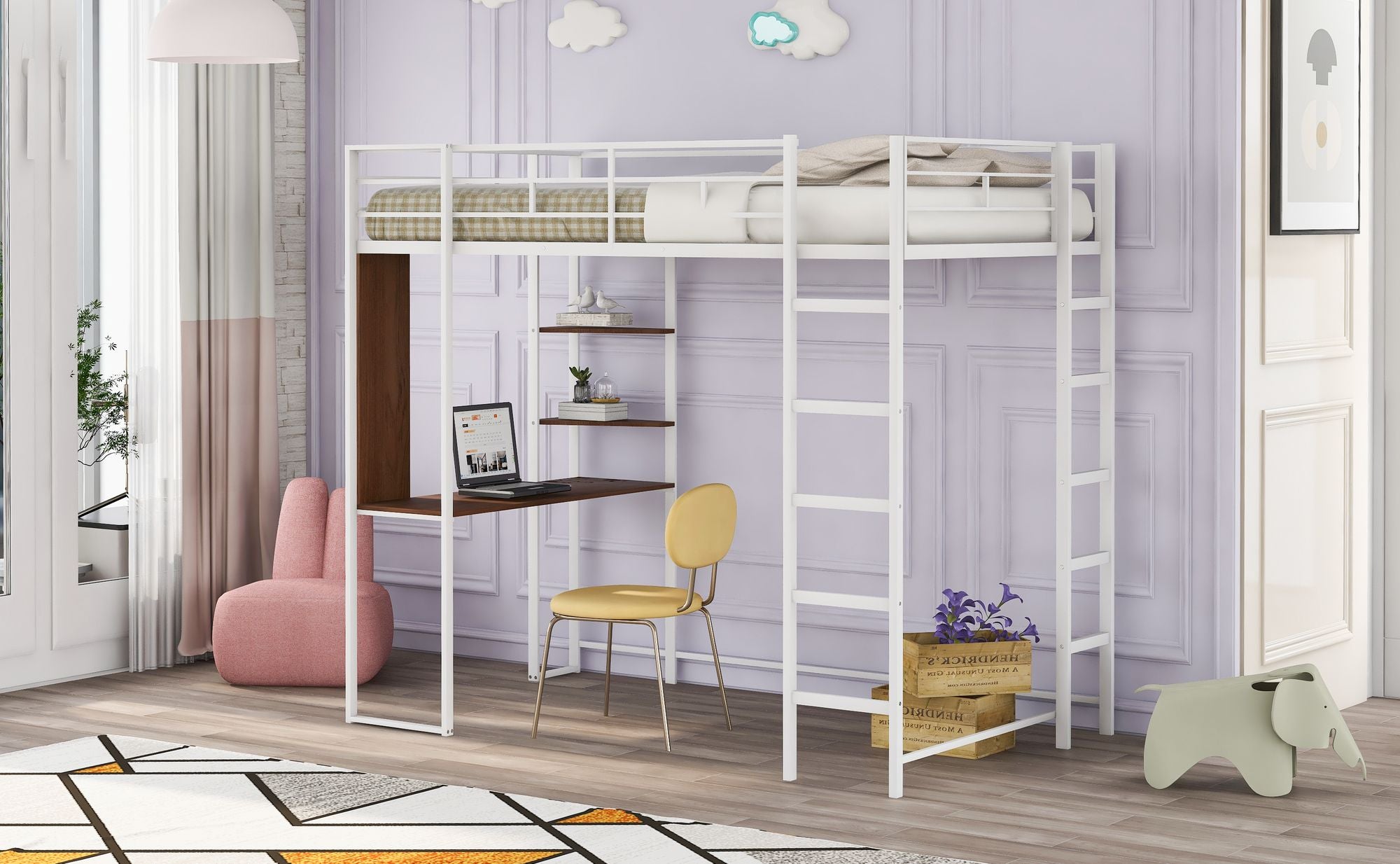 Twin Metal Loft Bed with 2 Shelves and one Desk