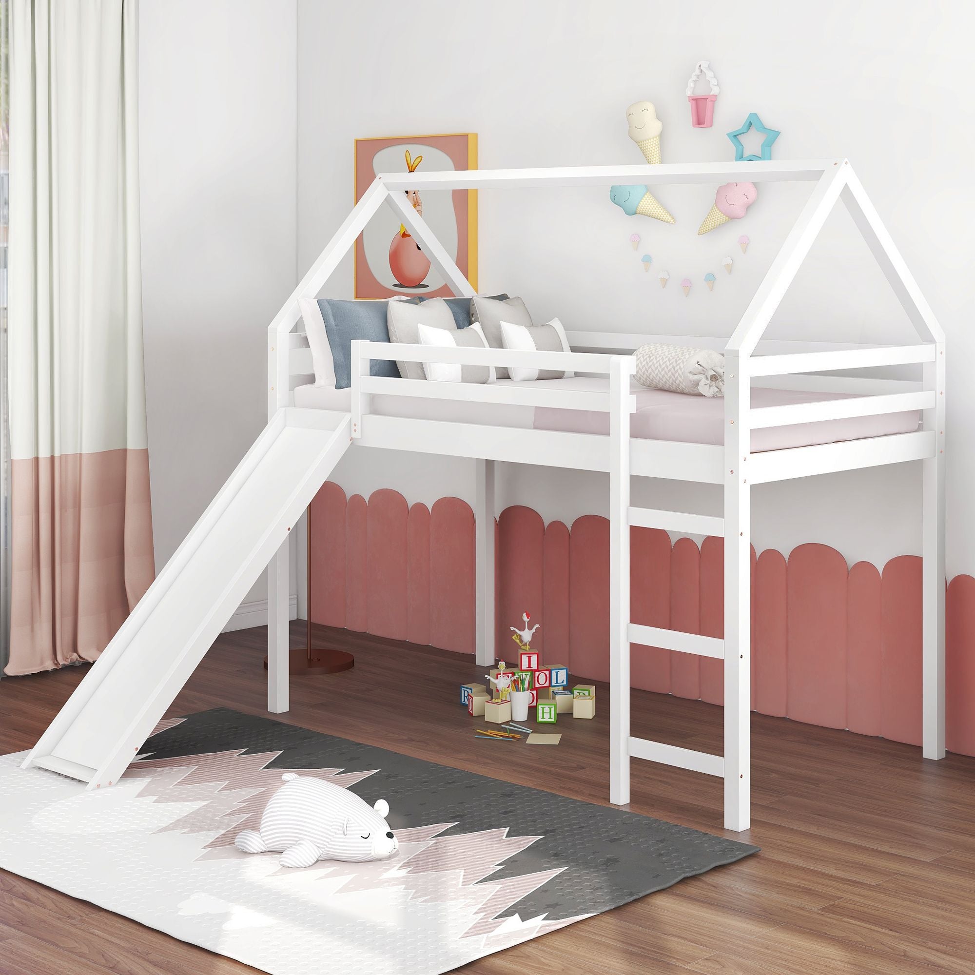 Twin Size Loft Bed with Slide;  House Bed with Slide