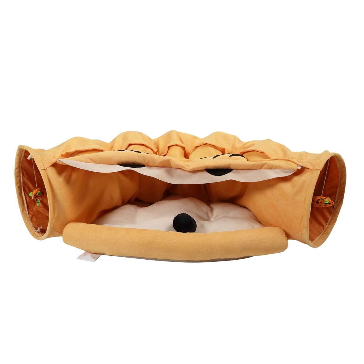 Cat Telescopic Tunnel with Cushioned Bed - Zipper Connection Pet Nest & Teasing Balls for Felines | Yellow